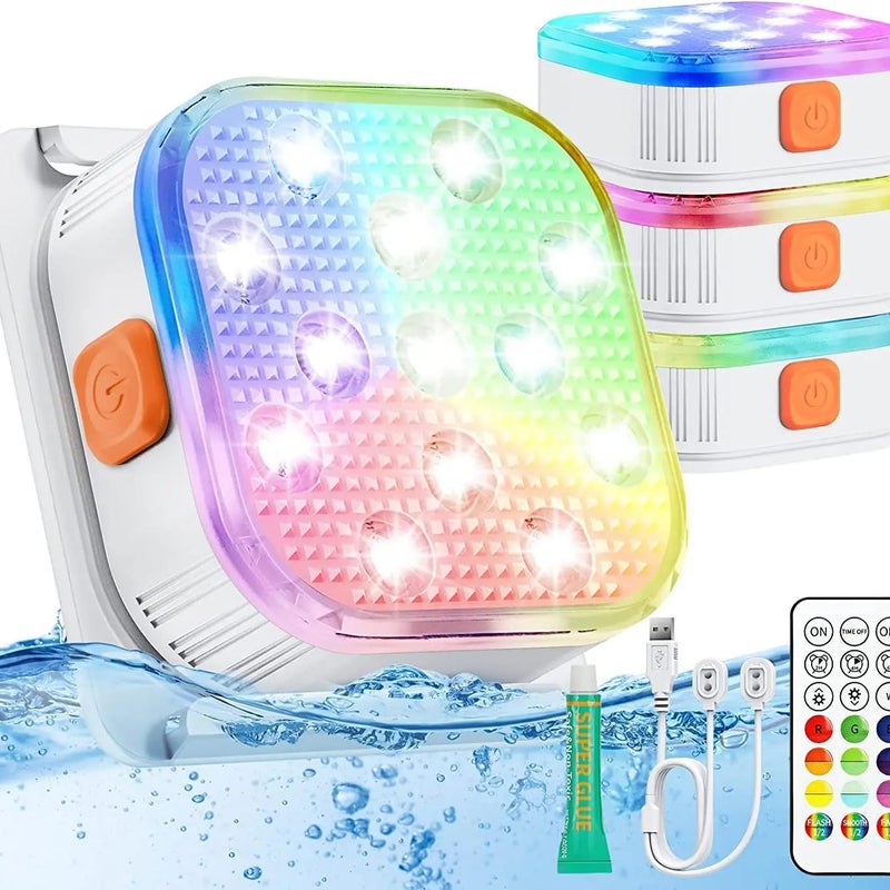 Zestaw 4 ładowalnych, zanurzalnych lamp LED, magnetyczne oświetlenie LED do basenu z pilotem, nastrojowe oświetlenie RGB do basenu