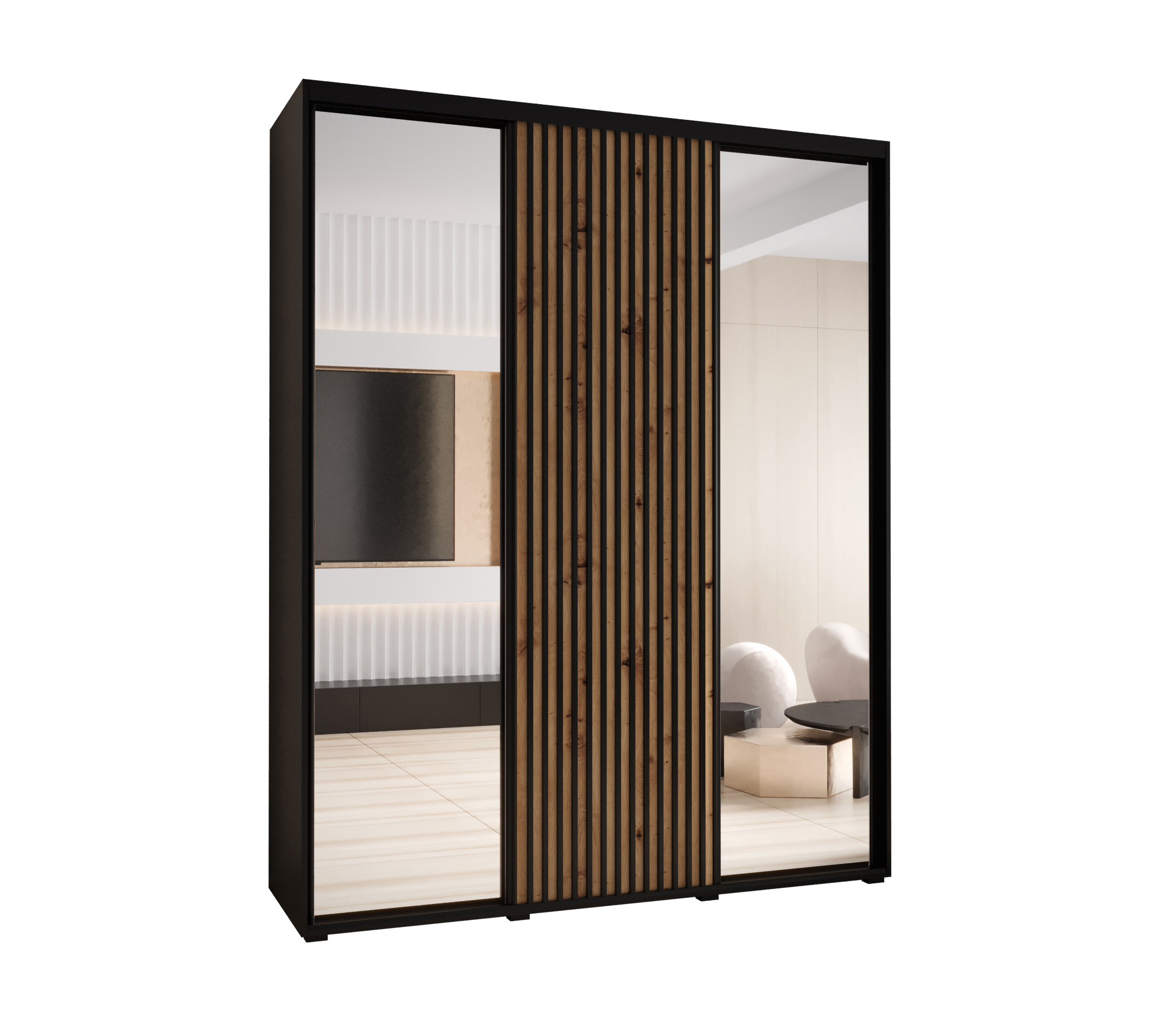 Szafa przesuwna z lustrem wysoka Lanko 2 190 x 60 x 235,2 cm czarny + artisan + lamele czarny - Abiks Meble