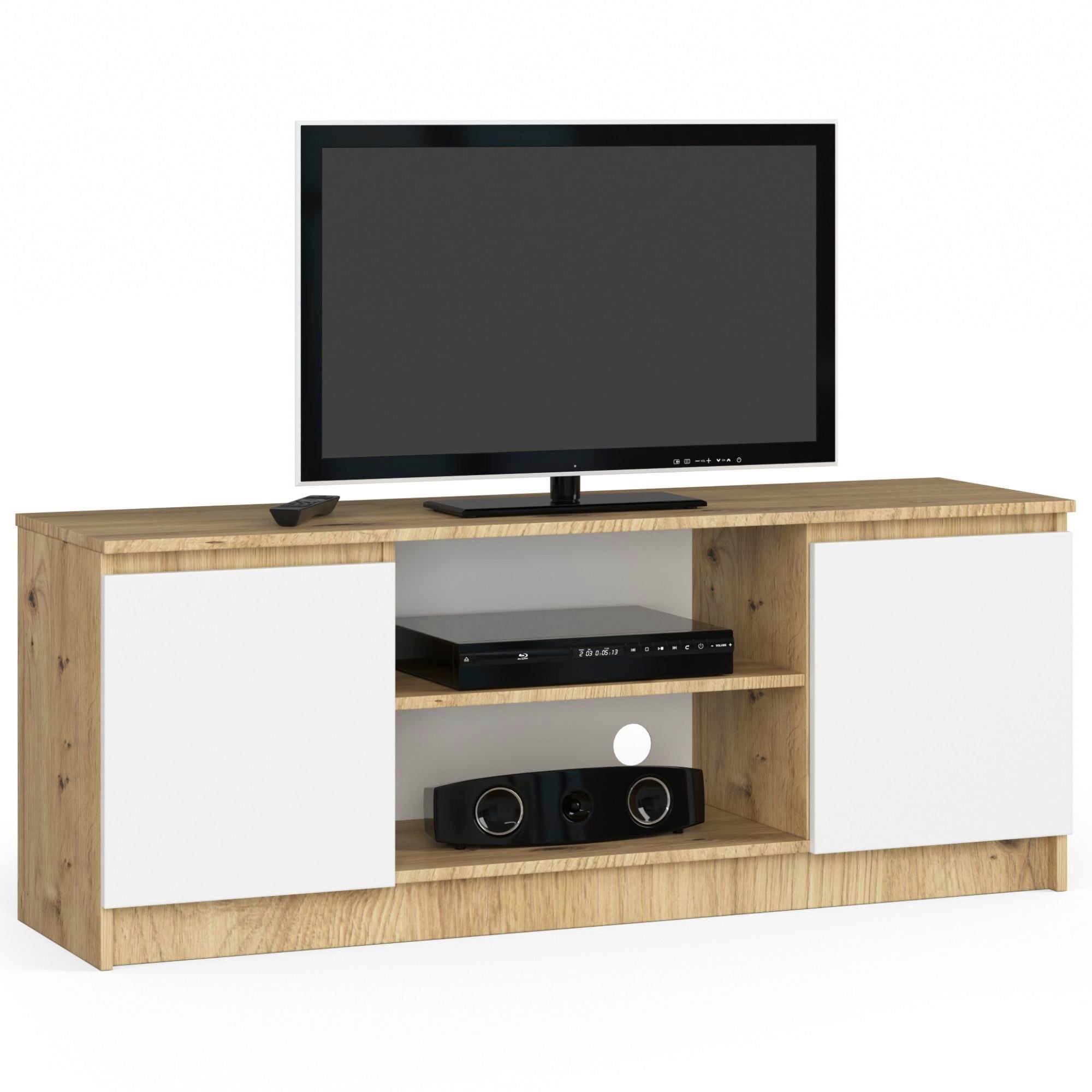 Szafka RTV AKORD Dąb Artisan 140 cm 2 drzwi kolor Biały mat 2 półki 140x40x55 cm