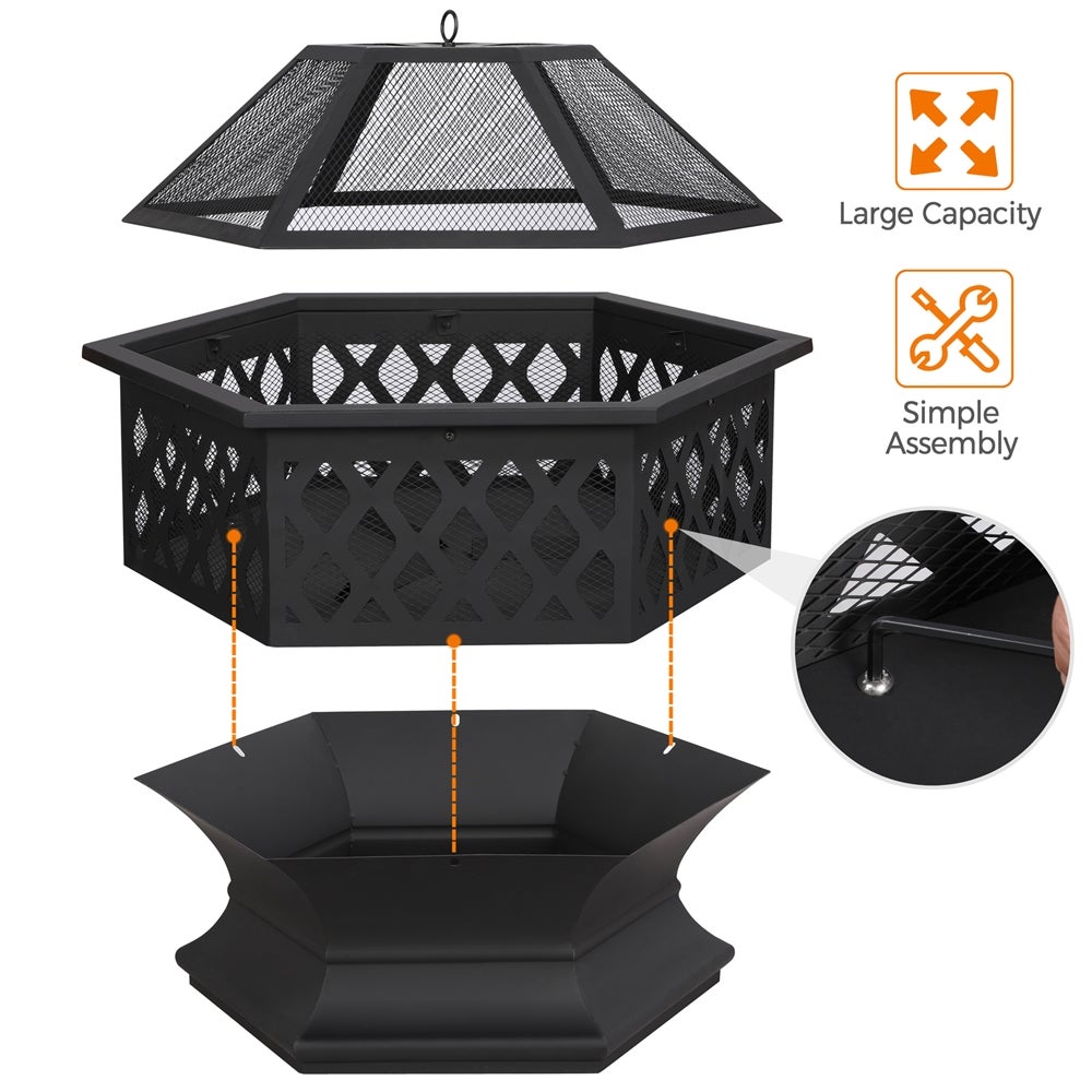 Brasero Jardin Hexagonal 60,5 x 60,5x 62cm H, Poêle à Bois Métal avec Couverture et Poker, pour Fête et Patio, Chauffage Extérieur Noir YAHEETECH - 5
