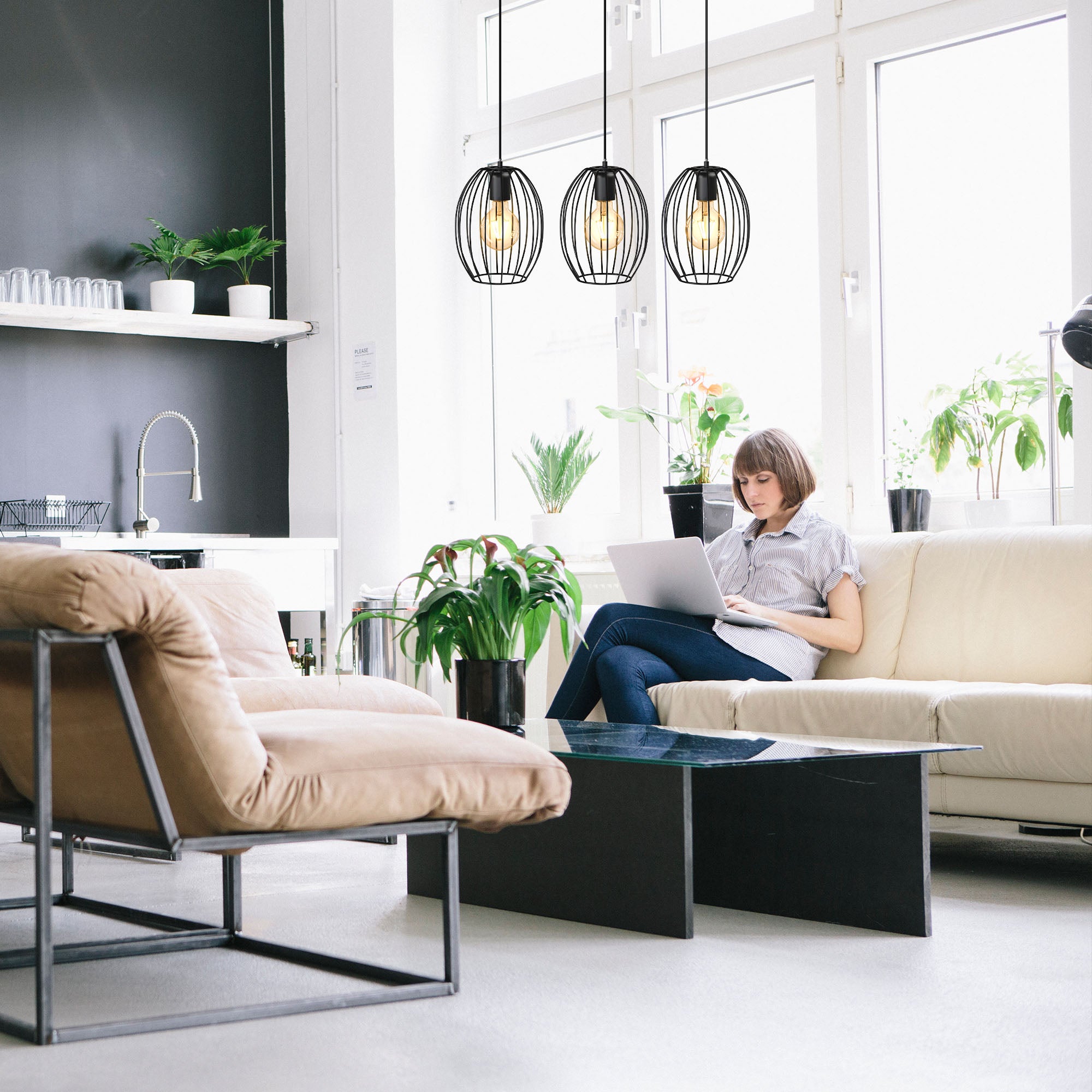 Suspension - lampes - métal noir - 3xE27 sans ampoules - IP20 - design moderne - B.K.Licht - 5