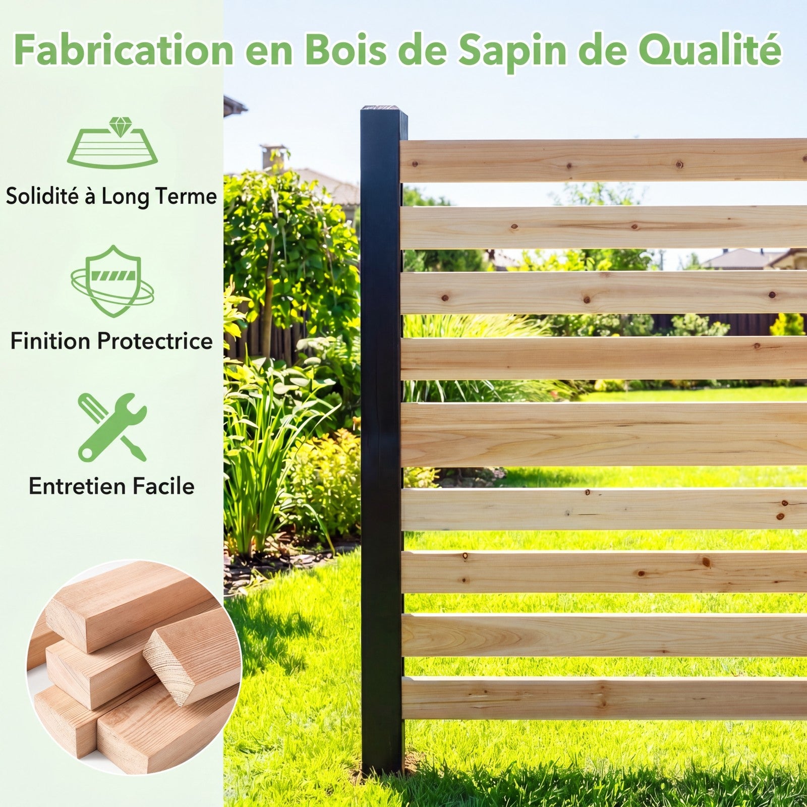 Clôture Jardin 2 Panneaux, Barriere Jardin à Lattes Modulable en Bois de Sapin avec Piquets, pour Poubelle, Climatiseur, 99x99x107CM, Naturel - 4