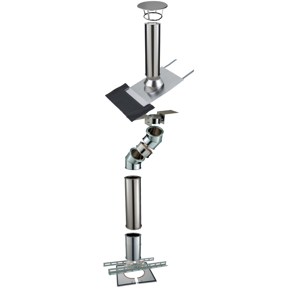 Kit conduit isolé sortie toiture avec dévoiement Inox-Galva et Inox-Inox Ø150 Poujoulat - Déport 28 cm / Longueur 357 cm - 2