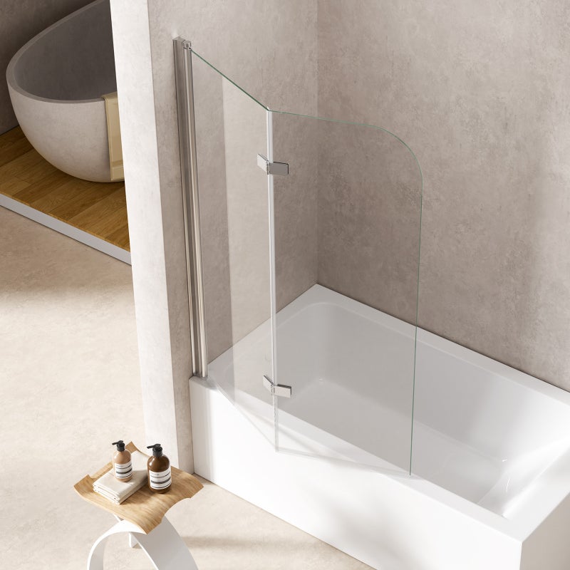 Parawan nawannowy uchylny 2-częściowy, szkło hartowane 6 mm z powłoką antykamienną, aluminium w kolorze srebrnym, 120 x 140 cm – nowoczesny design