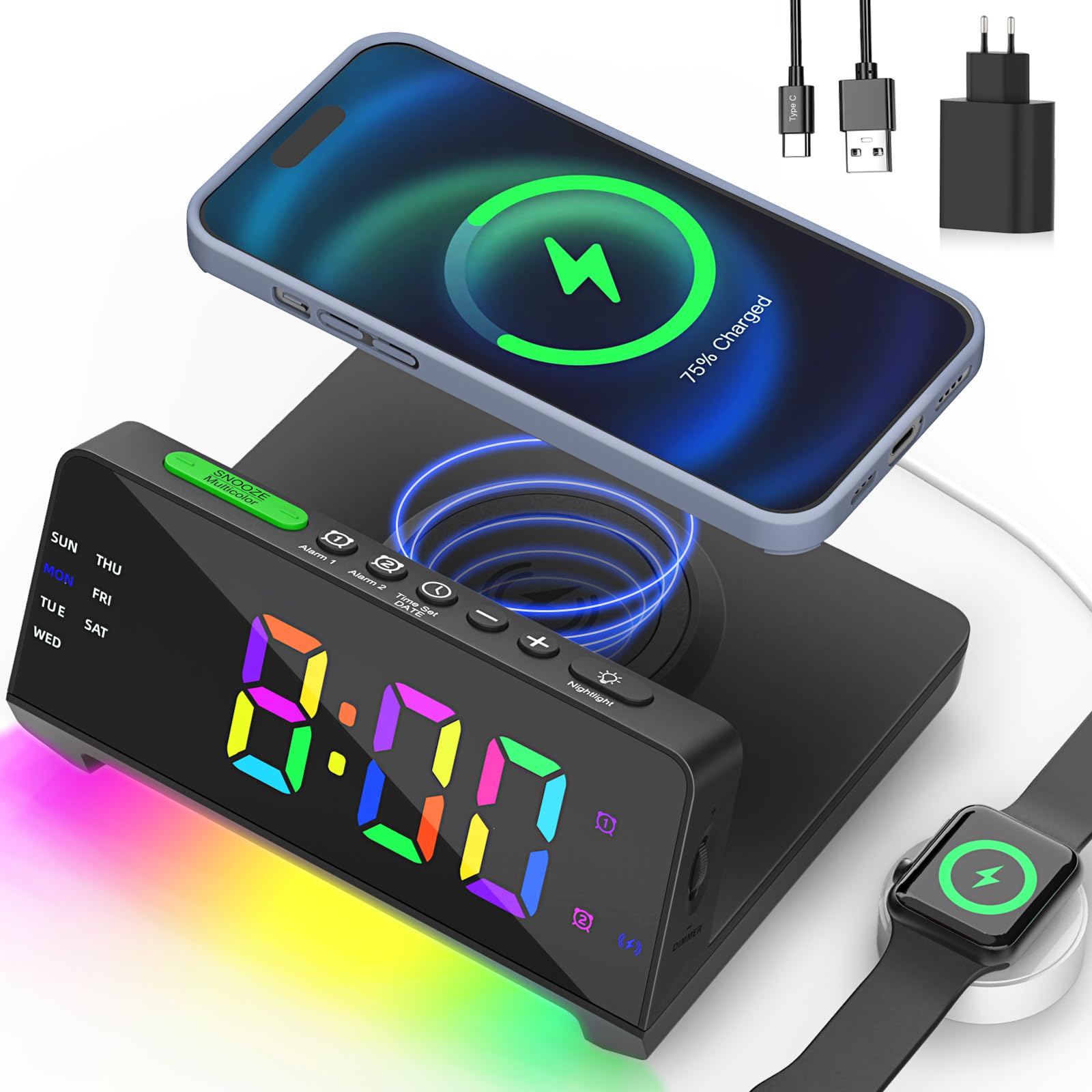 Lampada Smart Home a Forma di G con Altoparlante, Ricarica Wireless 3-in-1, Luce Notturna da Comodino e Sveglia Digitale per Cellulari