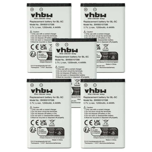 vhbw 5x batteria compatibile con Alinco DJ-CH272S, DJ-FX45, DJ-CH27B, DJ-CH27S, DJ-FX-446, DJ-FX446 smartphone cellulare (1200mAh, 3,7V, Li-Ion)