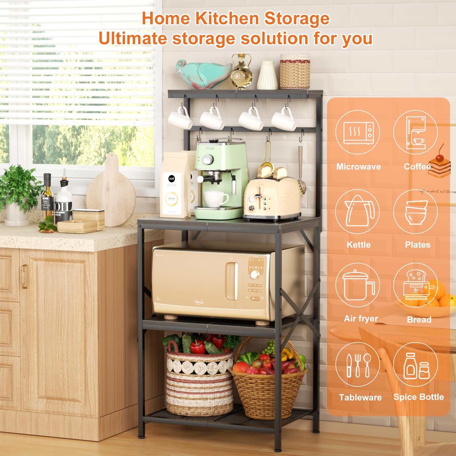 Estantería metálica de cocina de 4 niveles, en color gris, con 8 ganchos, soporte ajustable para microondas y zona multifuncional para guardar el café - 4