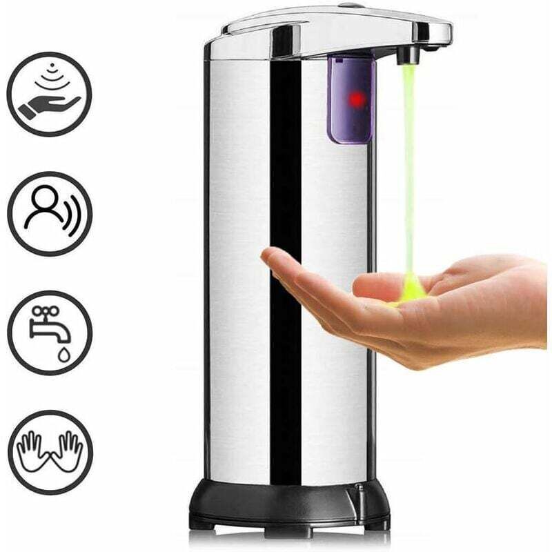 Dozator automat de săpun, senzor din oțel inoxidabil, dozator de săpun modern cu contact, bază impermeabilă, baie, bucătărie 250 ml, argintiu