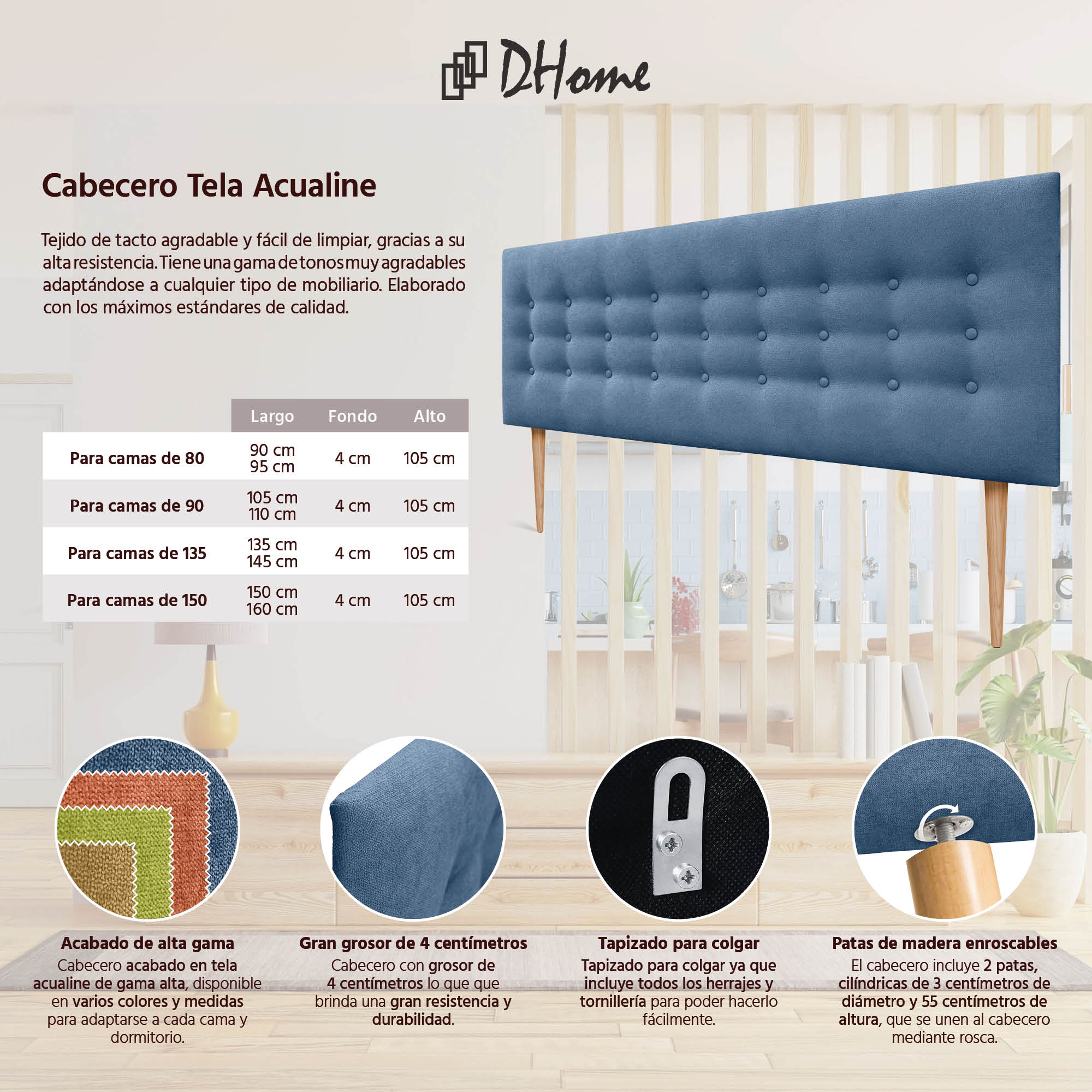 DHOME Testiera in Velluto Liscio con Gambe Camera da letto Imbottita con Testiera Imbottita Moderna di Fascia Alta (Rosa, 150x105cm) | Leroy Merlin