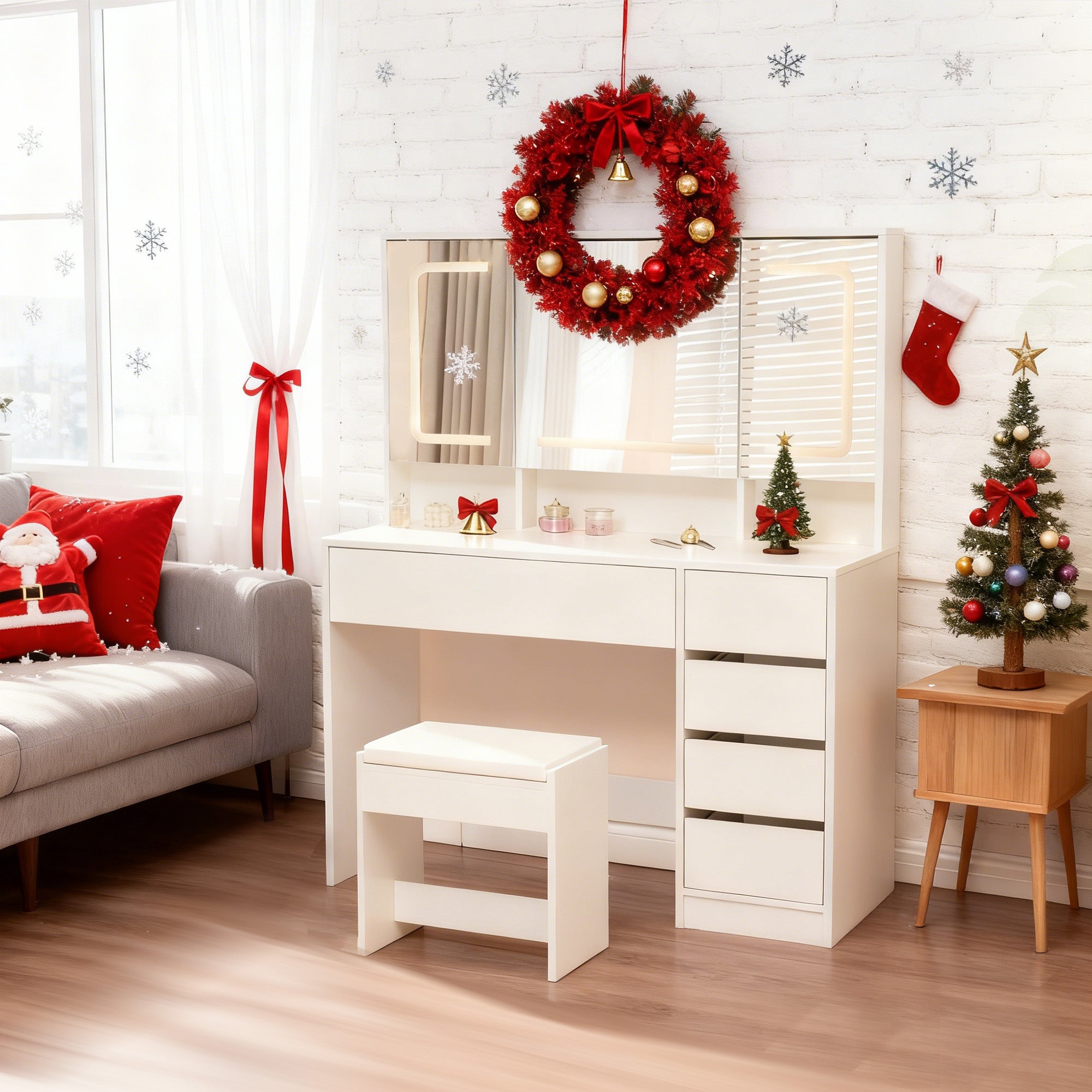 Tocador, mesa de tocador con taburete, iluminación, espejo, blanco