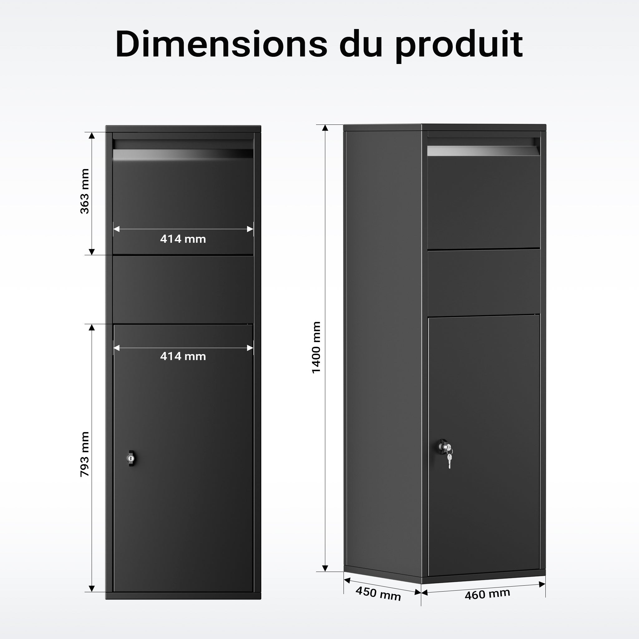 Boîte à colis verrouillable noire 460 x 450 x 1400 mm, Boîte aux lettres sur pied, pour colis Taille S et L, Usage domestique Wiltec - 3