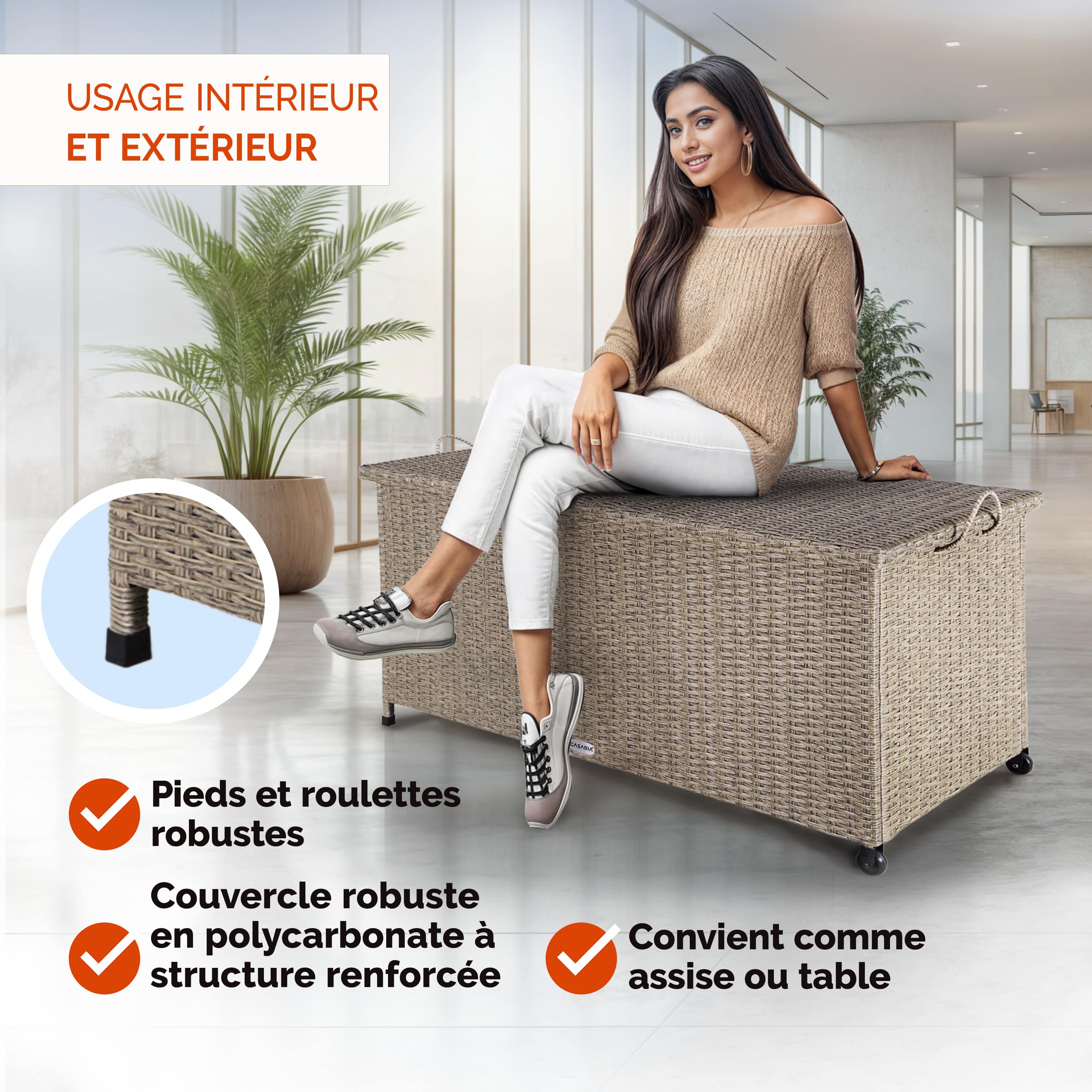 CASARIA® Coffre de jardin extérieur XXL Crème Coffre de rangement avec roulettes 270 L étanche Vérin à gaz 117x53x60 cm pour terrasse ou jardin - 4