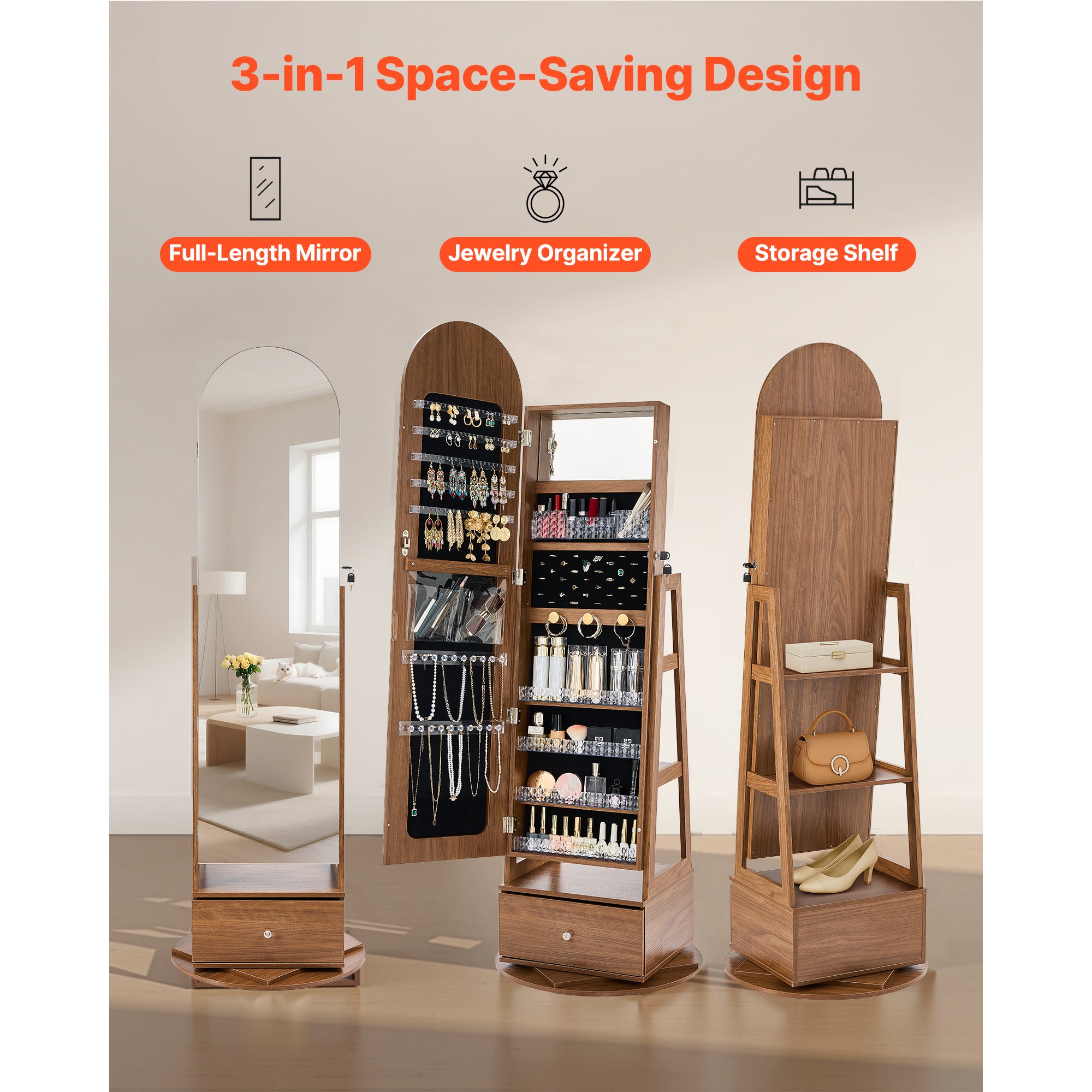 Armoire a bijoux SucceBuy rotative a 360°, meuble de rangement sur pied, 1650 mm, avec miroir integral, etageres pratiques,porte securisee avec 2 cles - 5