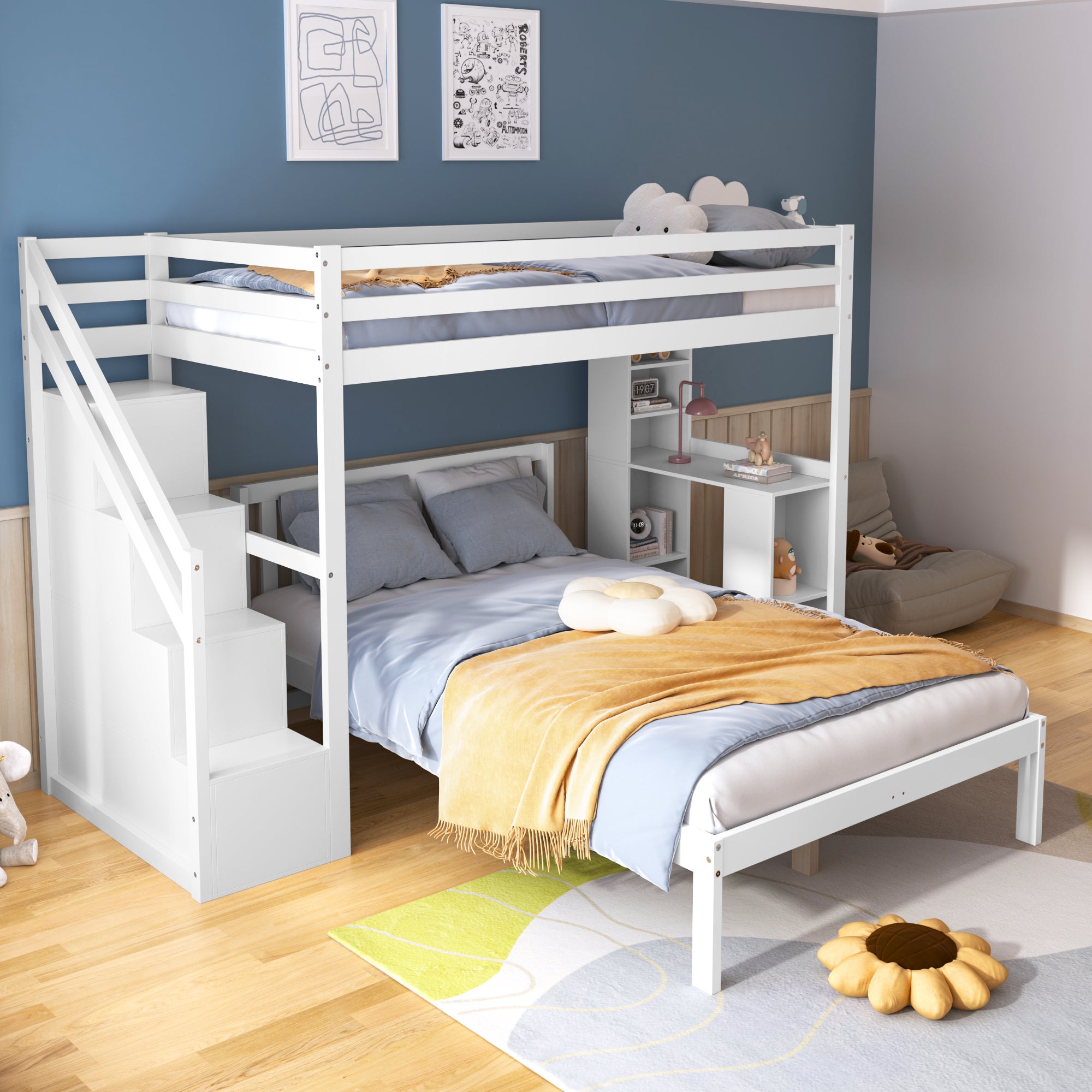 Lit Superposé 90/120 X 200cm Avec Lit Gigogne, Lit Mezzanine Avec Escalier Et Espace De Rangement Pour 3 Enfants Et Adultes Naturel 97508238