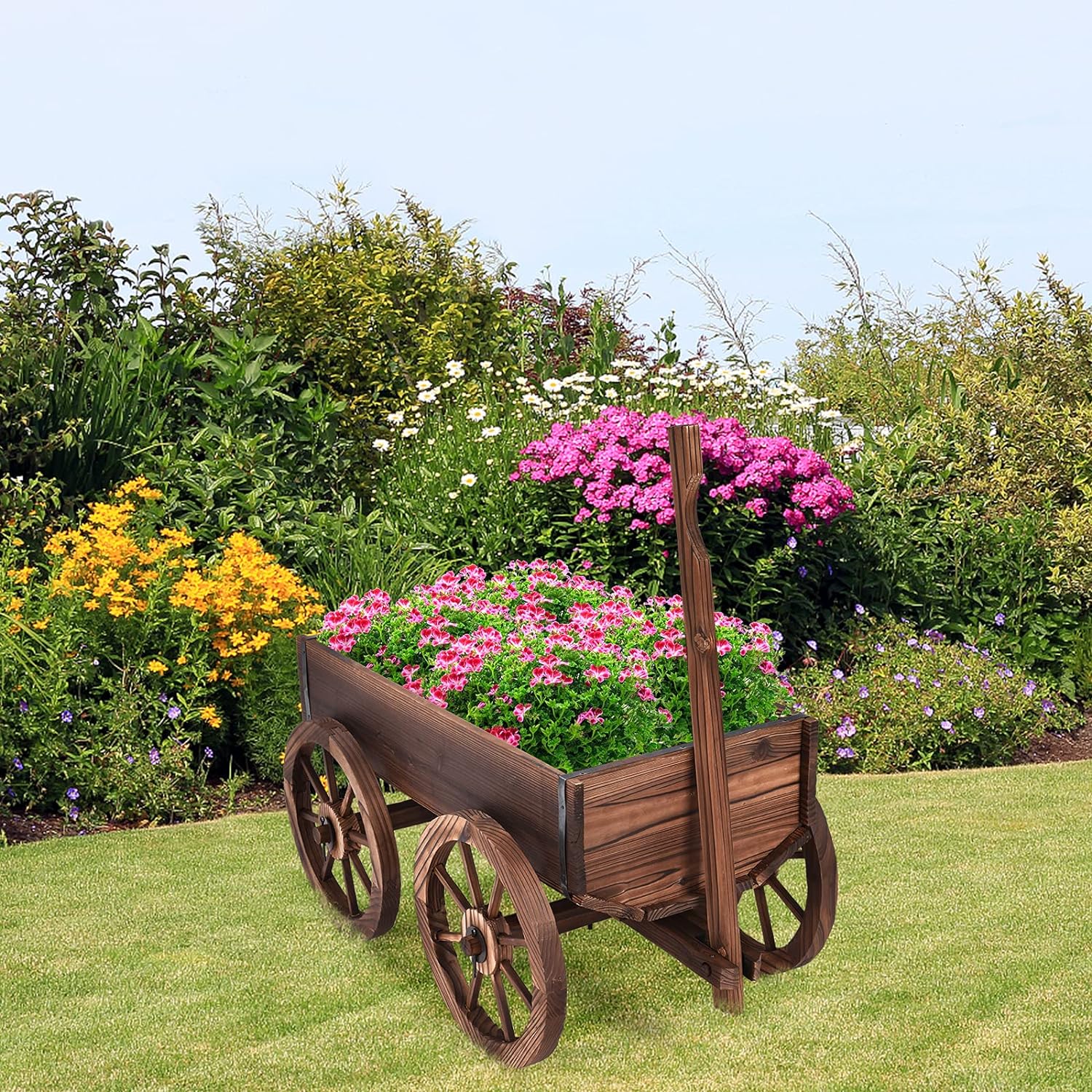 Jardinière en Bois de Sapin Brûlé 120 x 43 x 53 CM, Forme Brouette avec Poignée Reglable & 4 Roues & Trou de Drainage, Charge 50kg - 9