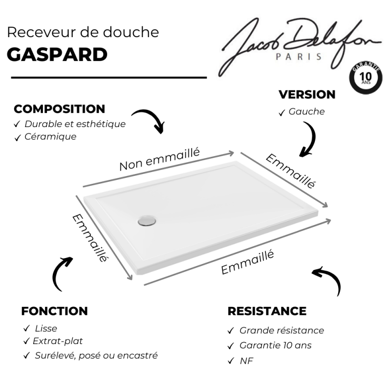 Receveur de douche 120 x 90 JACOB DELAFON Gaspard extra-plat céramique bonde à gauche - 3