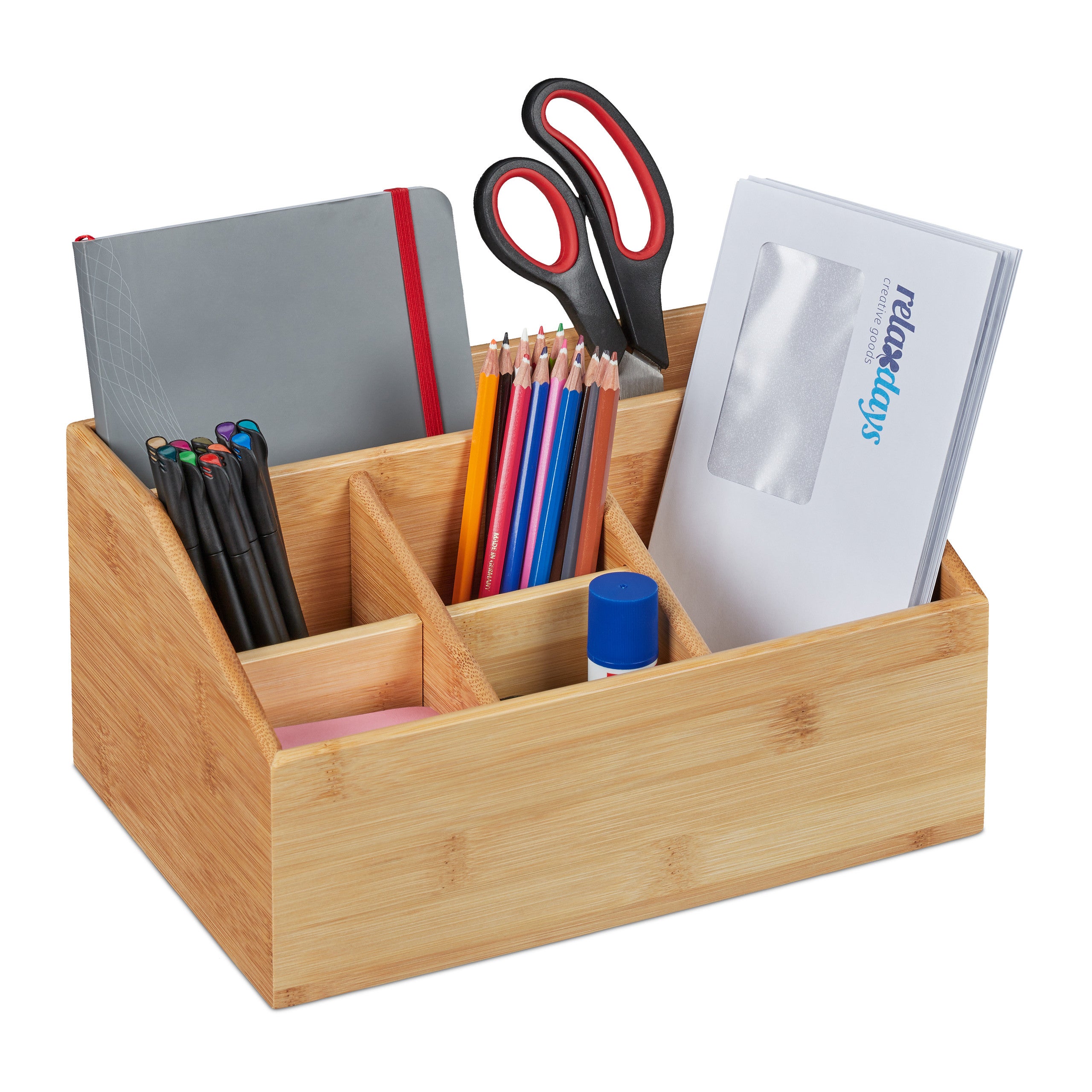 Organisateur Bureau En Bambou 2 Tiroirs 3 Compartiments - Rangement Stylos, Cosmétiques (12x24x14,5 Cm)