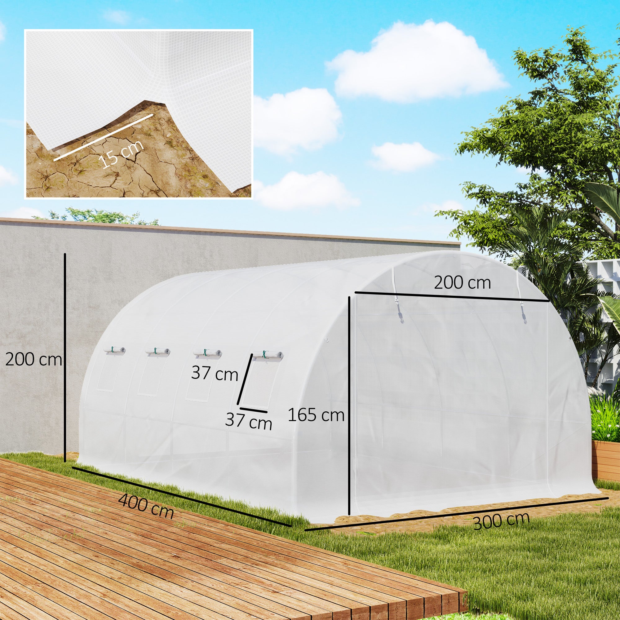 Extérieur Bâche de rechange serre tunnel 12 m² 4 x 3 x 2 m PE anti-UV imperméable 8 fenêtres + porte enroulable zippée - blanc - 5
