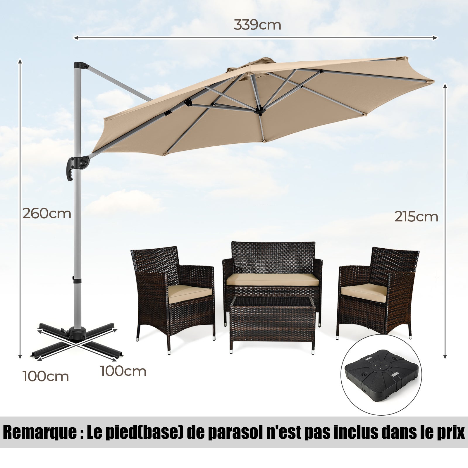 Parasol Déporté Φ339CM, Parasol de Jardin Rond Inclinable avec Base en Croix, 5 Angles et Hauteurs Réglables, Manivelle et Double Toit, Beige - 7
