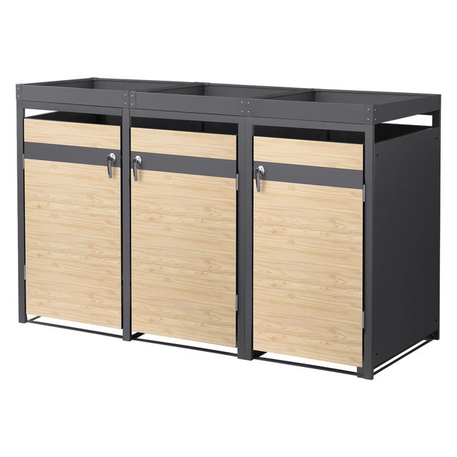 ML-Design pojemnik na śmieci z daszkiem na 3 kosz 240 L 200x80x124 cm stalowy modrzewiowy z drzwiczkami zamykany odporny na warunki atmosferyczne