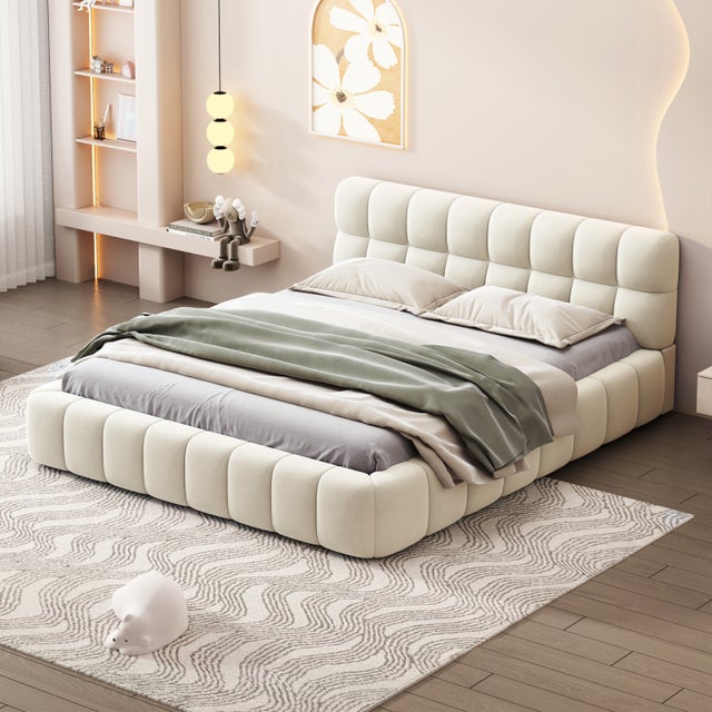 Lit adulte 140x190cm en lin avec dossier moelleux, Lit plat avec sommier à lattes, beige
