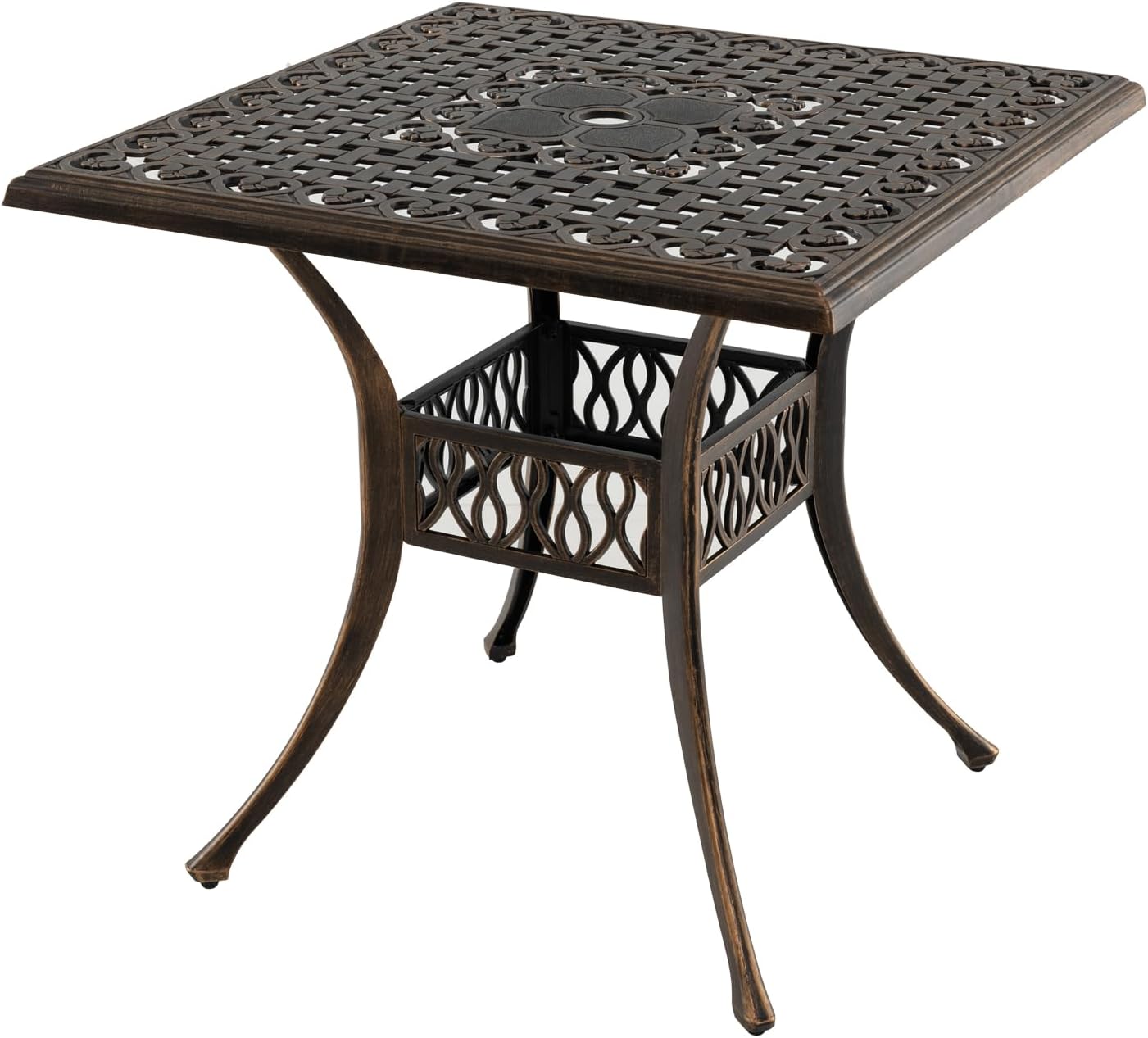 Stół Ogrodowy z Odlewanego Aluminium, Stół Bistro z Otworem na Parasol o Średnicy 4,8 cm, Duży Regał w Stylu Antycznym dla 4 Osób, 80 x 80 x 75 cm