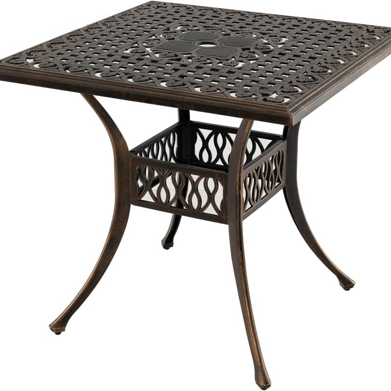 Stół Ogrodowy z Odlewanego Aluminium, Stół Bistro z Otworem na Parasol o Średnicy 4,8 cm, Duży Regał w Stylu Antycznym dla 4 Osób, 80 x 80 x 75 cm