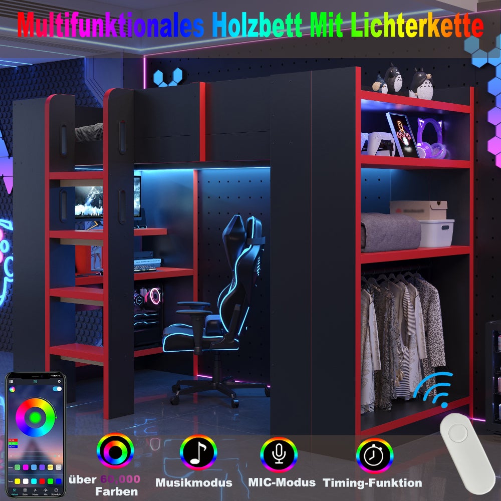 Lit mezzanine multifonction 90x200 cm noir et rouge avec bureau ...