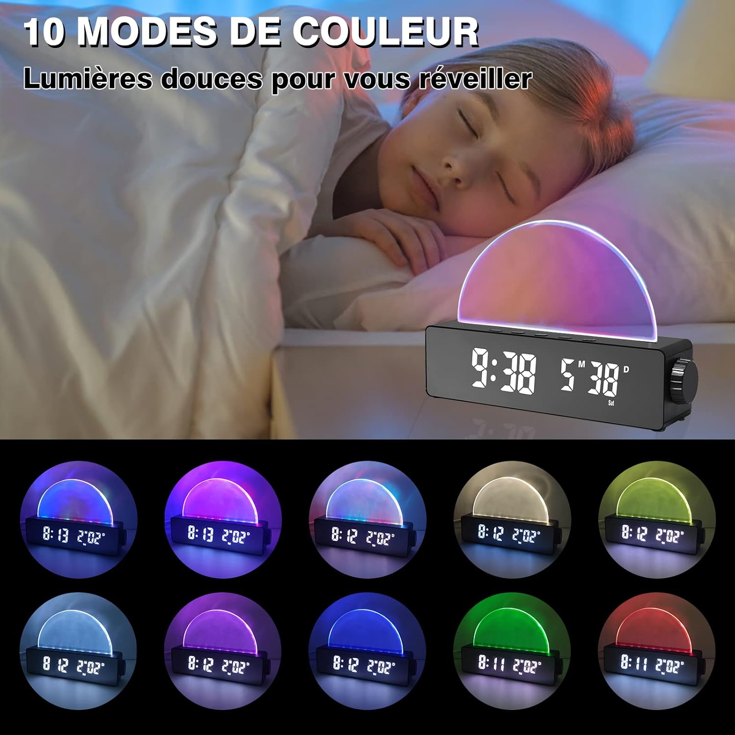 Réveil lumineux avec 10 modes de couleur, horloge numérique LED avec date/température, port de chargement USB, fonctions snooze et mode nuit (blanc) - 2