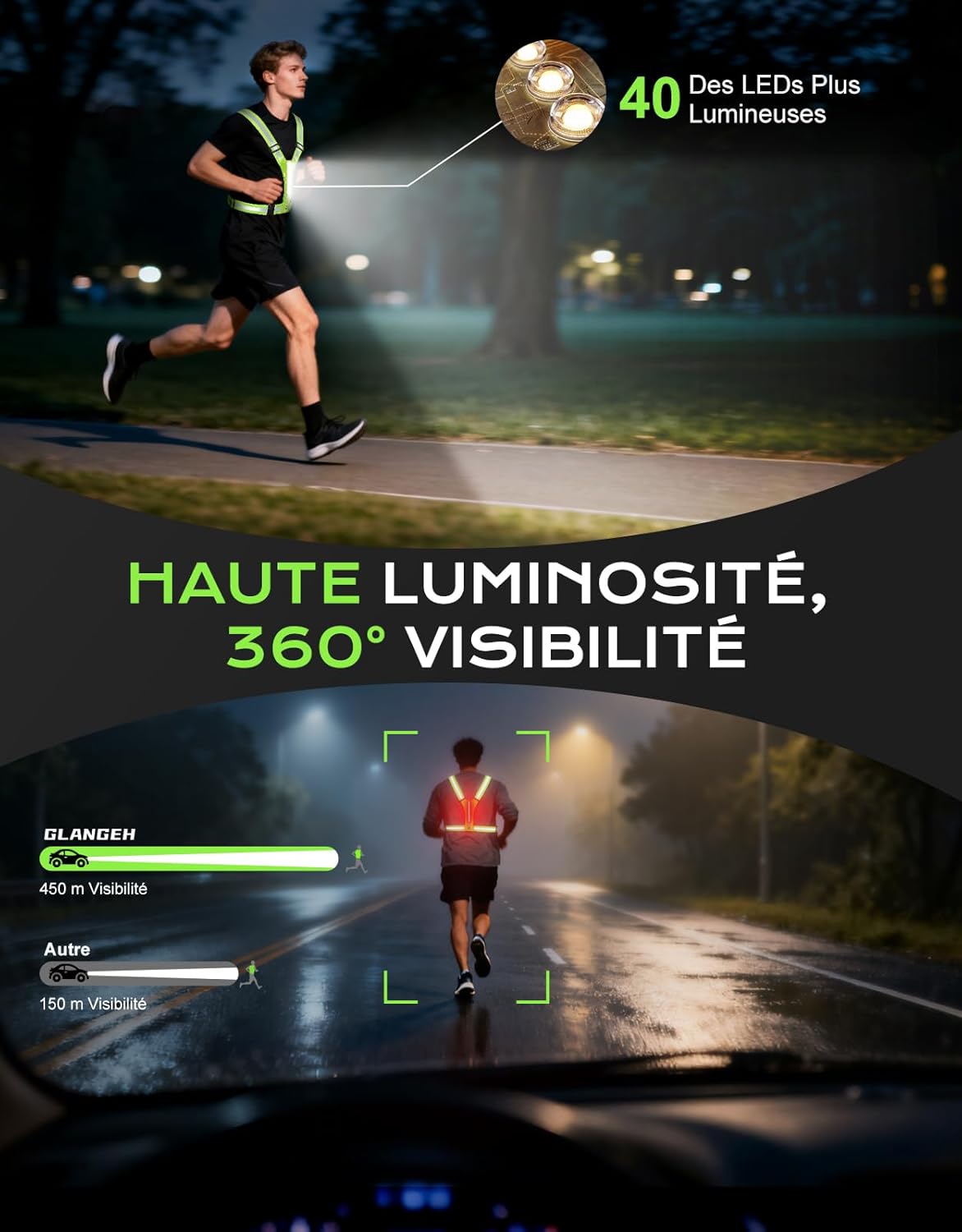 Gilet Réfléchissant Running Éclairage Intégré - Alternative Lampe Frontale - Sécurité Ajustable Course Nocturne Cyclisme - 2