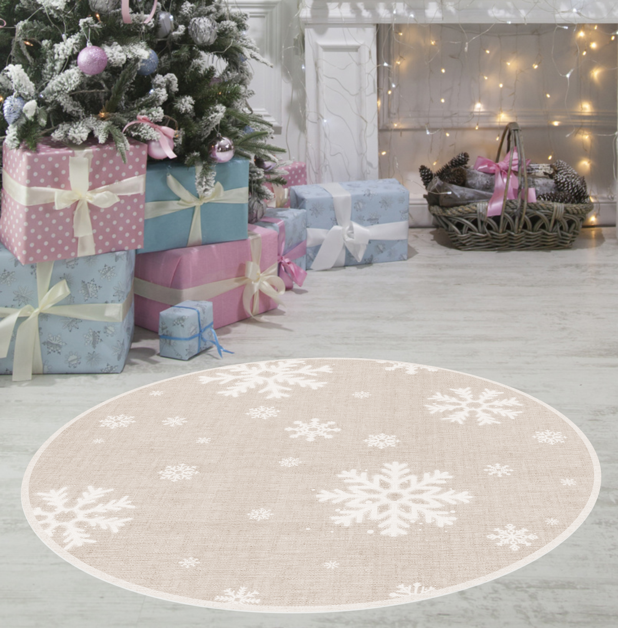 Alfombra de vinilo copos de nieve [diam] 95 cm - pvc antideslizante, impermeable, lavable, ignífuga, estilo navidad