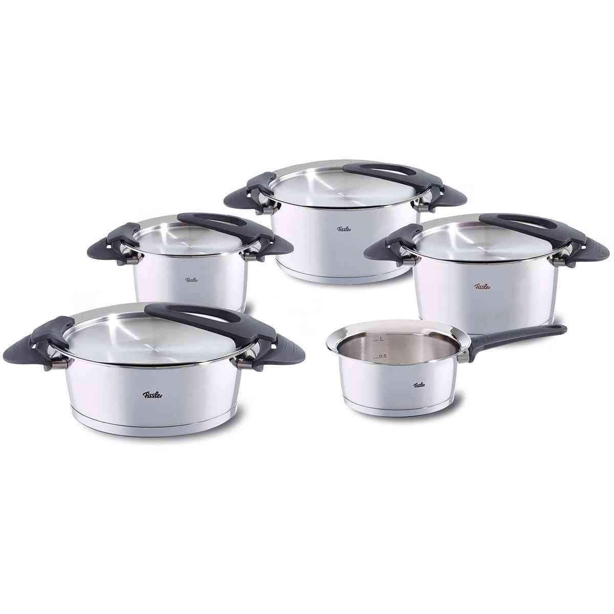 Fissler Original,Profi Collection Set de pentole in acciaio inox, 5 pezzi, con coperchio in metallo, 3 pentole, 1 rostiera, 1 padella da portata, adatte per cottura a induzione