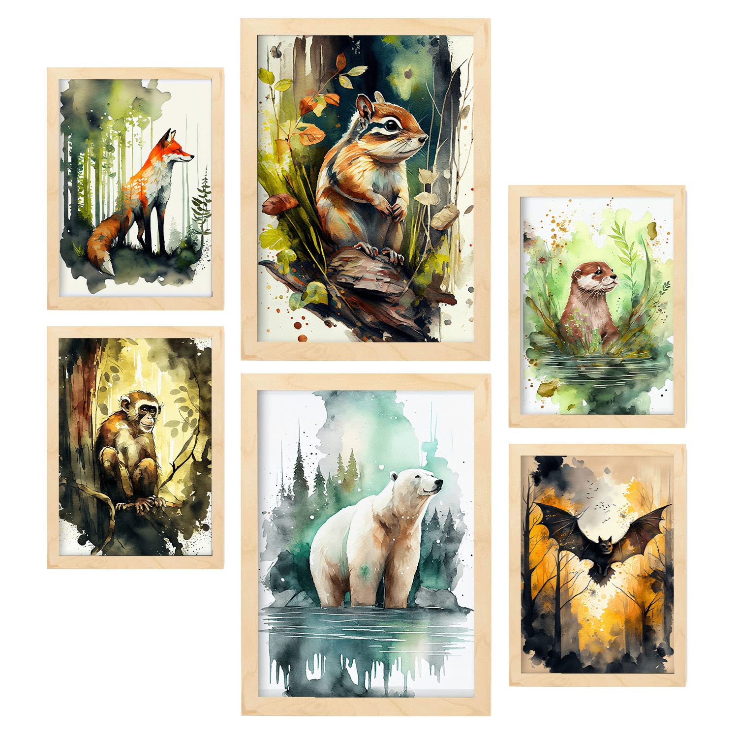 Nacnic posters de hábitats coloridas ilustraciones de animales en paisajes naturales estilo acuarela para la a4 & a3 marcos color madera