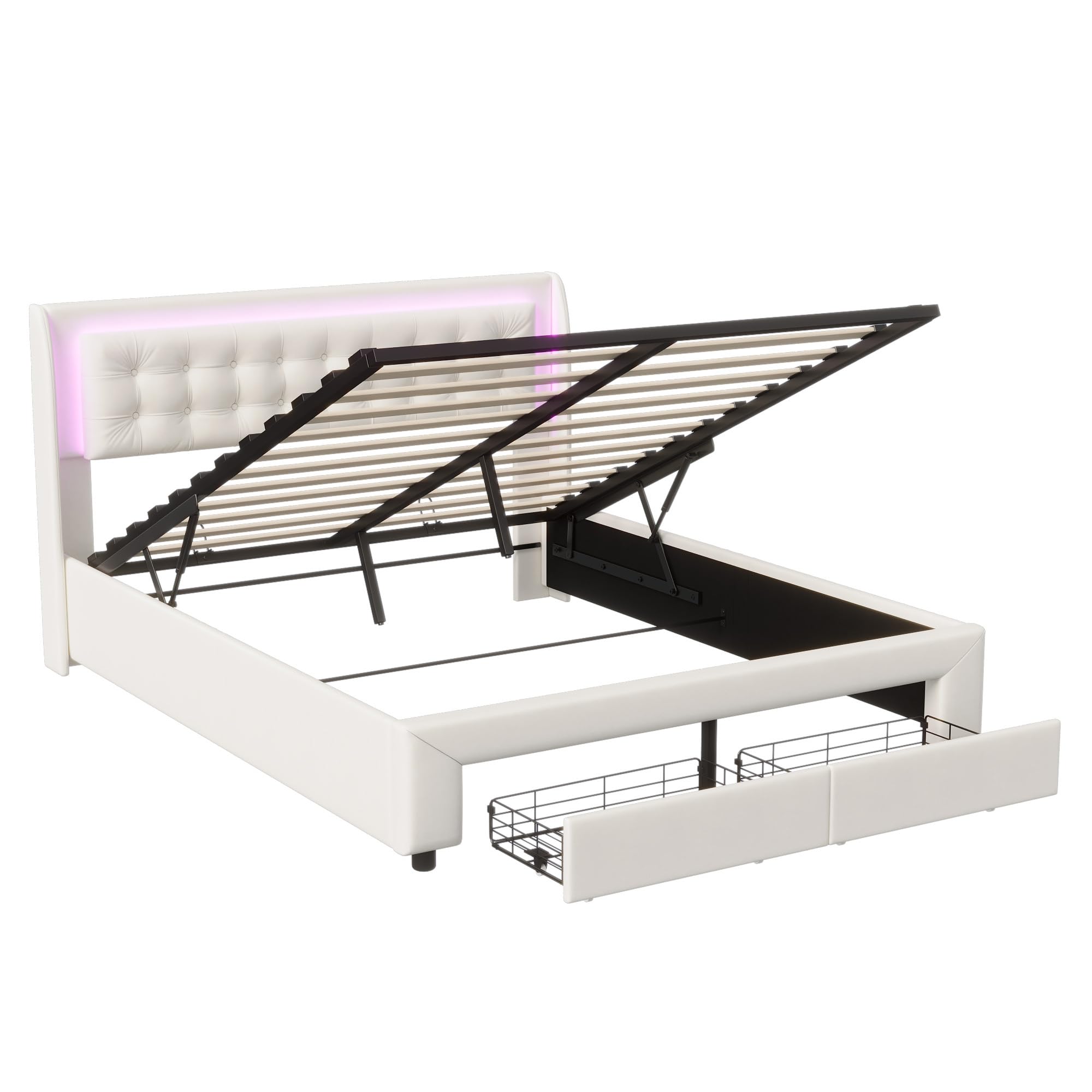 Lit Coffre 140x190 avec Sommier avec 2 Tiroirs, Lit Double avec LED, Tête de Lit Capitonnée, Grand Rangement Hydraulique et 2 Tiroirs, Velours Beige - 8
