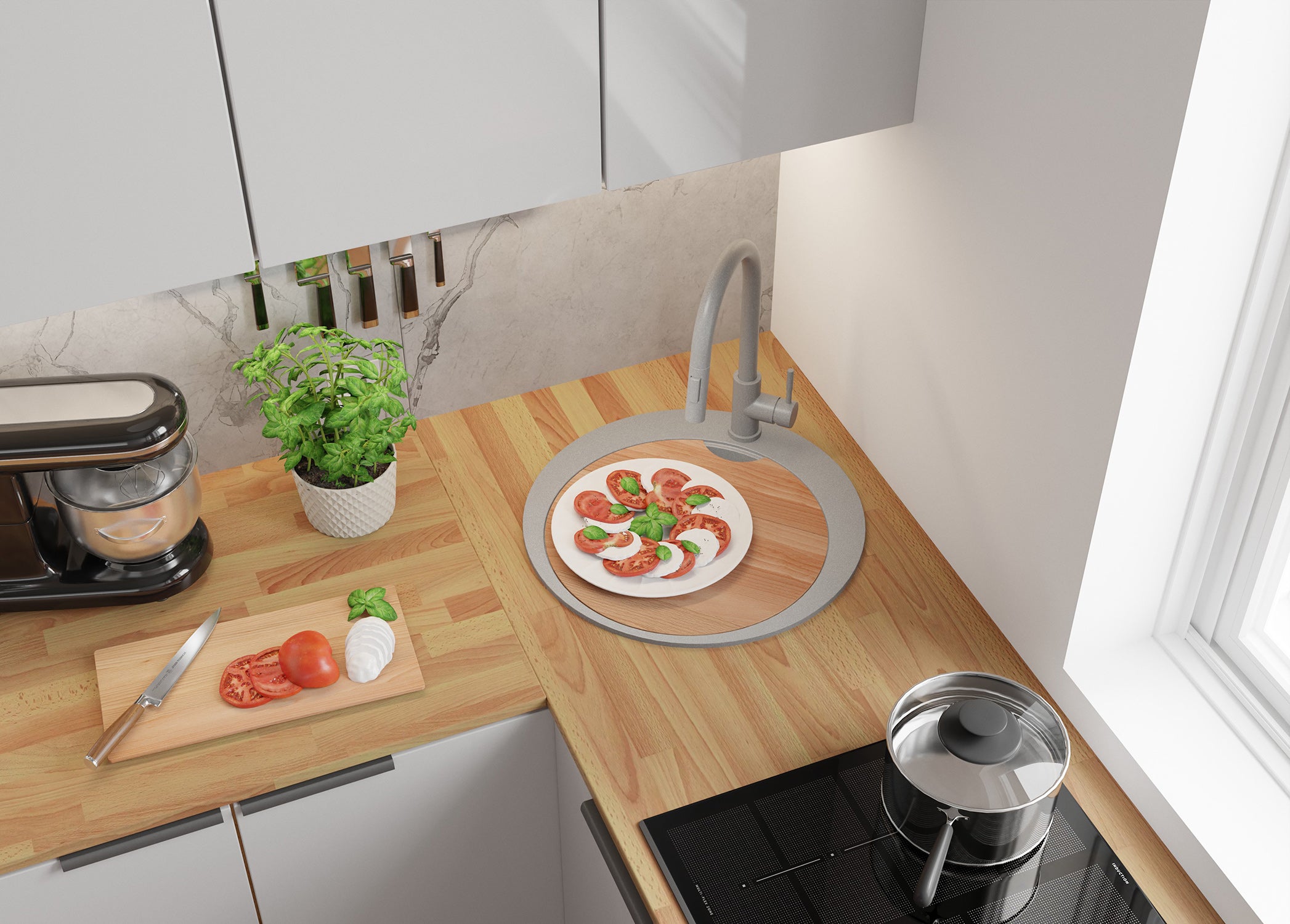 Zlewozmywak Granitowy Okrągły Szary 50x50cm, Zlew Kuchenny 1 Komorowy + Bateria 32x20cm + Syfon + Deska, Nablatowy do szafki od 45cm - Piza PRIMAGRAN - 4