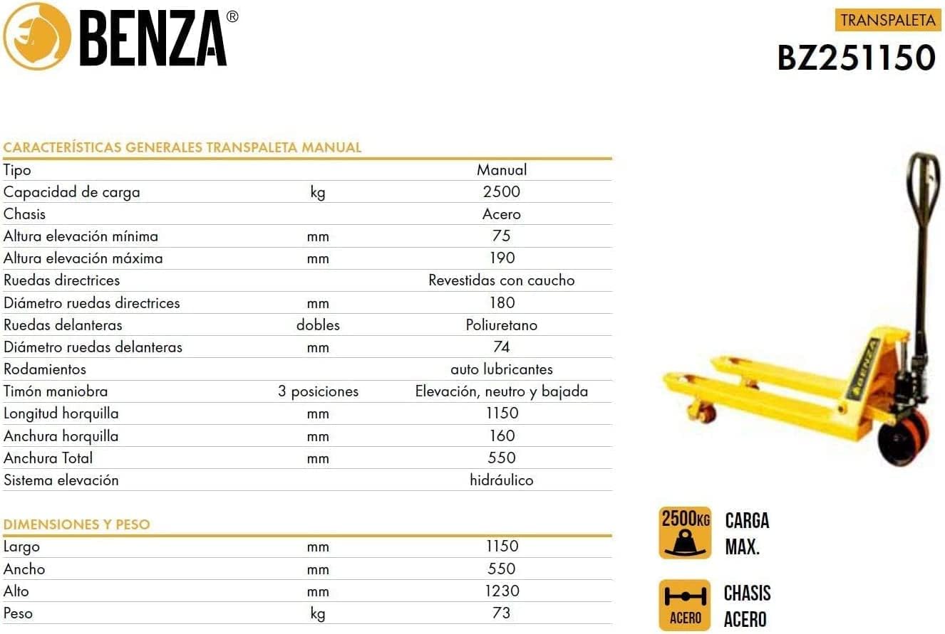 Porta-paletes Benza BZ251150 Garfo longo, (Carga 2500 kg, Altura dos garfos 75 - 190 mm, Construção em aço) - 2