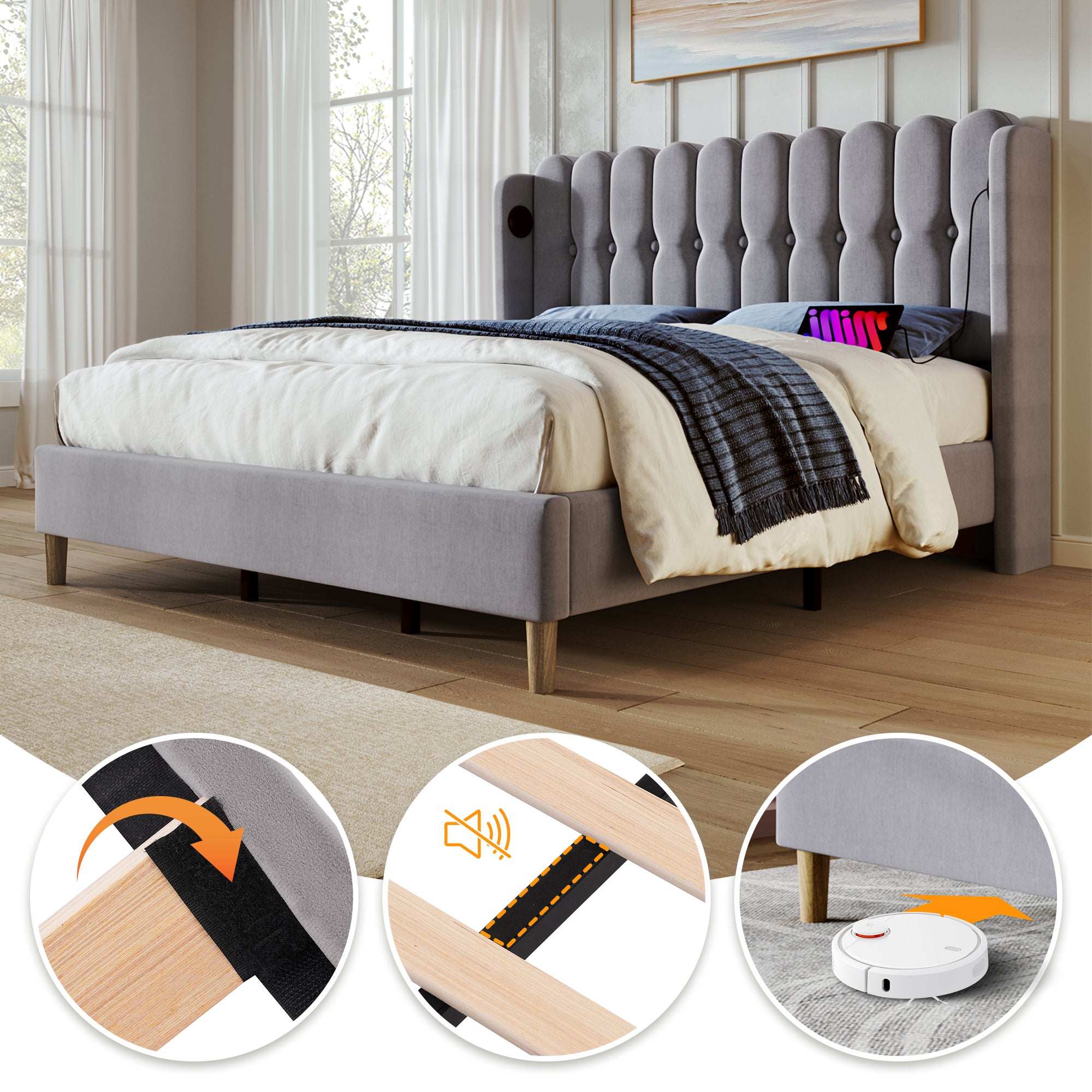 Lit double 160x200 cm tête de lit rembourrée avec chargement USB Type-C sommier en lin gris (sans matelas) - 8