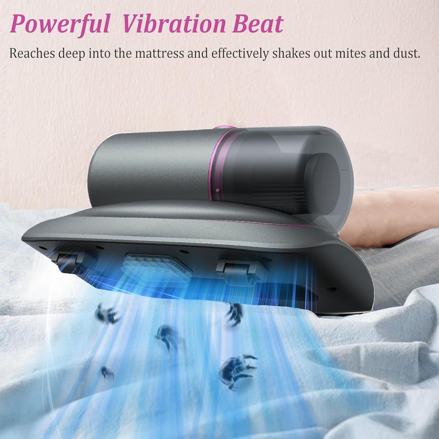 Aspirador portátil antiácaros para colchões, 12Kpa sem fio, detector de poeira com luz UV-C, 2 velocidades ajustáveis (roxo) - 4