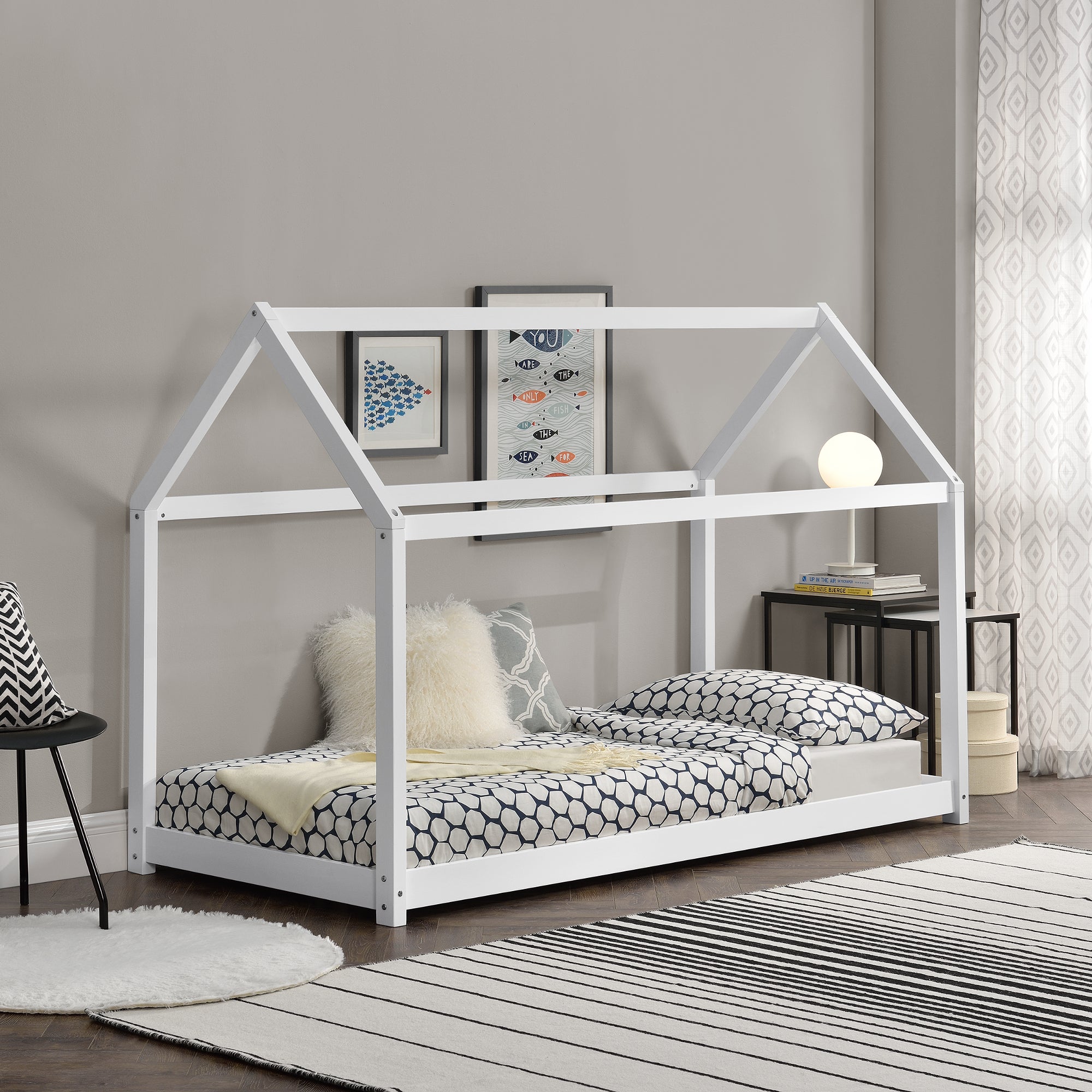 Lettino Bambini A Forma Di Casa - Letto Montessori In Legno Di Pino, 70x140cm, Bianco - Foto 3