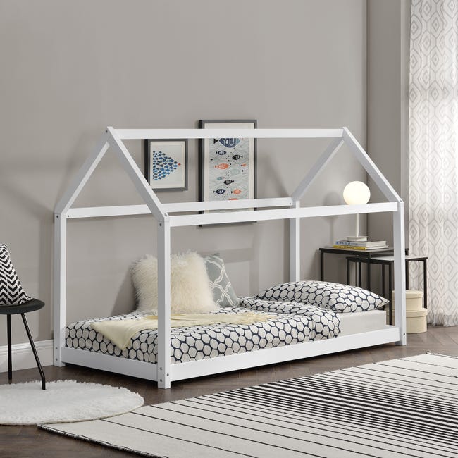Lettino Bambini A Forma Di Casa - Letto Montessori In Legno Di Pino, 70x140cm, Bianco - Foto 3