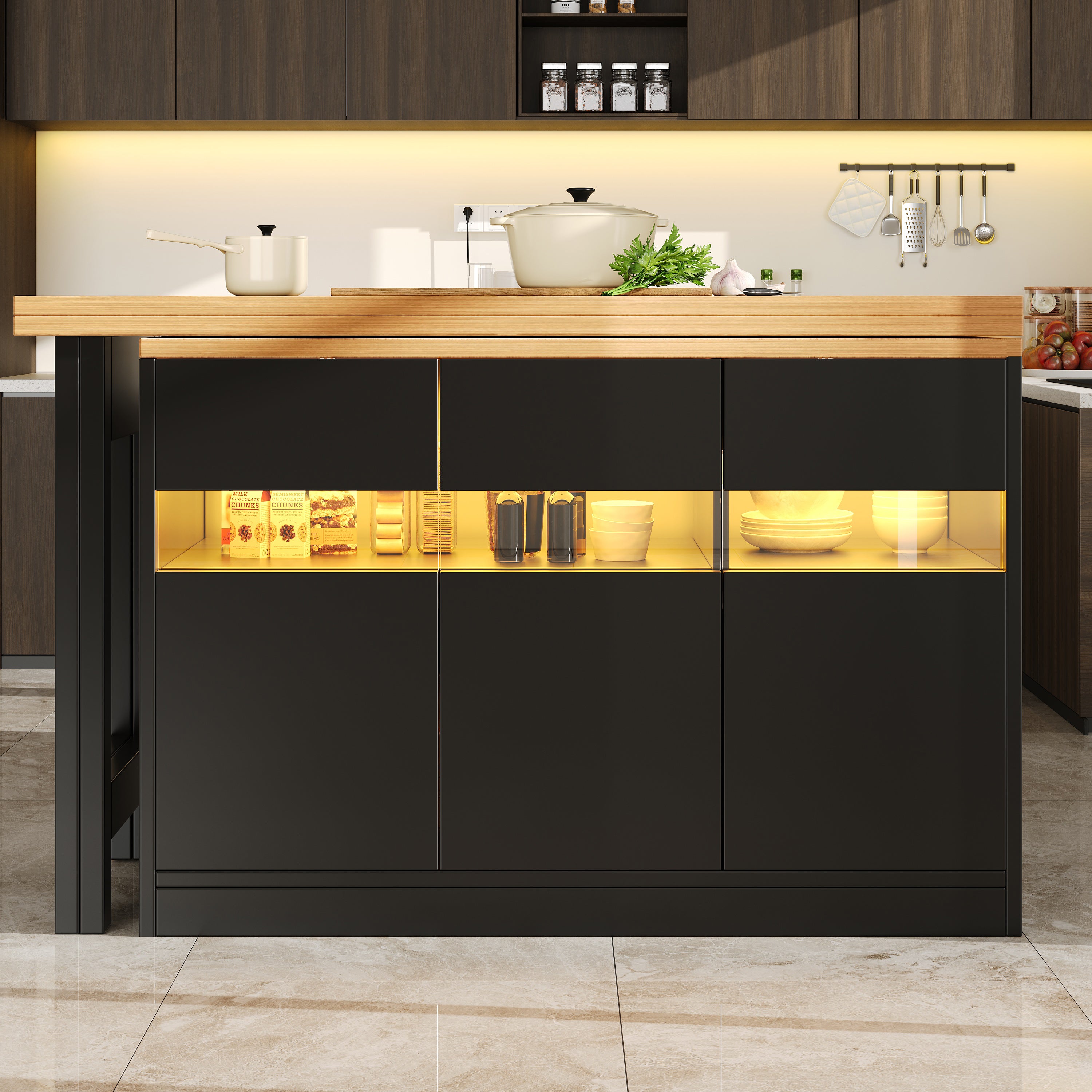 Rozkładany stół jadalny z 3 drzwiami, wyspa kuchenna - 120-180 x 40 x 71,5 cm - diody LED - czarny + naturalny - 8
