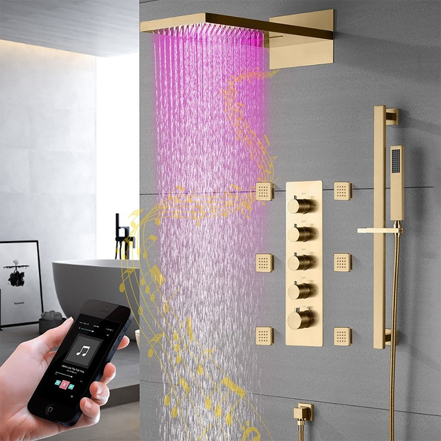 Artisse  🛁 Ducha Tipo Lluvia Mural Led Bluetooth Termostática Cepillado, Spirale Dorado , Leroy Merlin