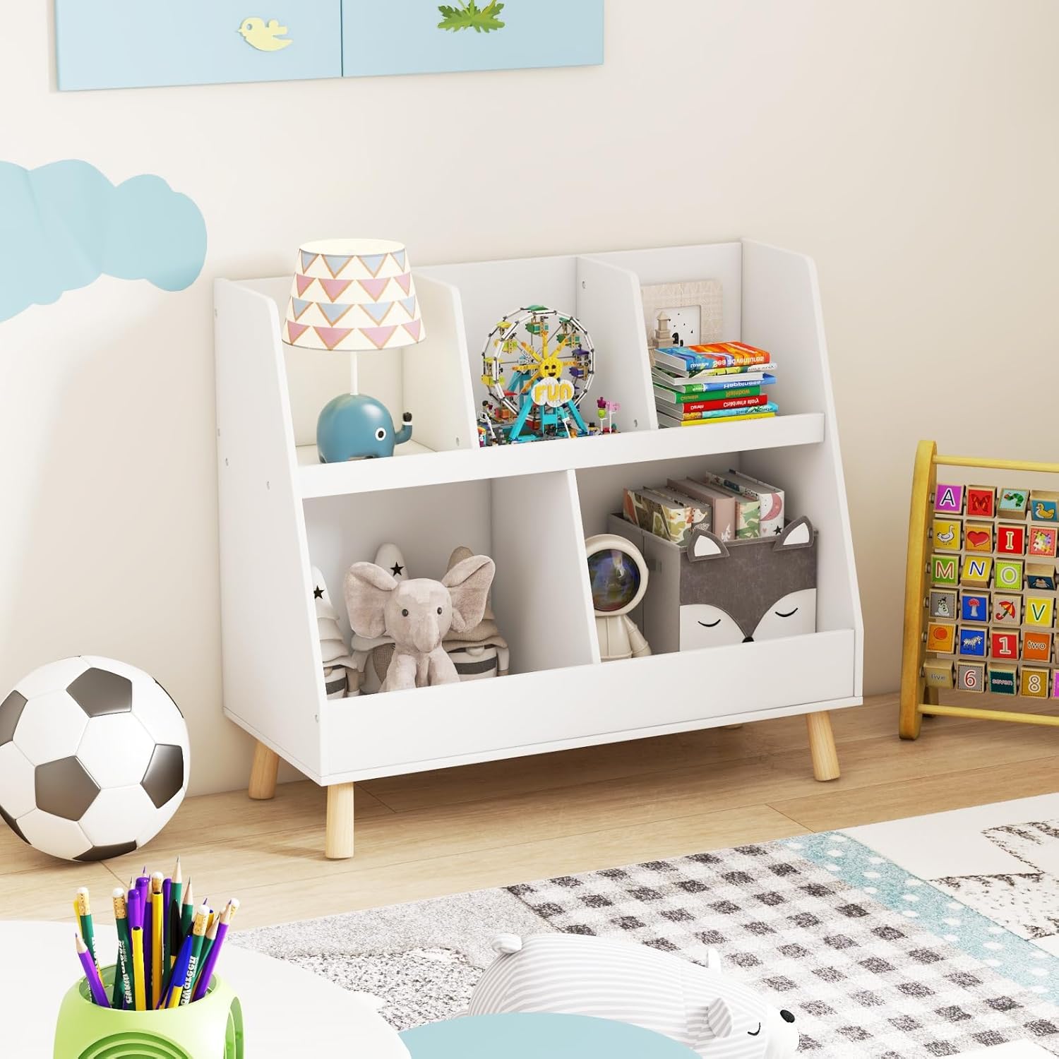 Meuble de Rangement Enfant, Bibliothèque Enfant en Bois à 2 Niveaux pour Livres Jouets, 5 Cubes Etagère de Présentation pour Chambre, Salle de Jeux - 8