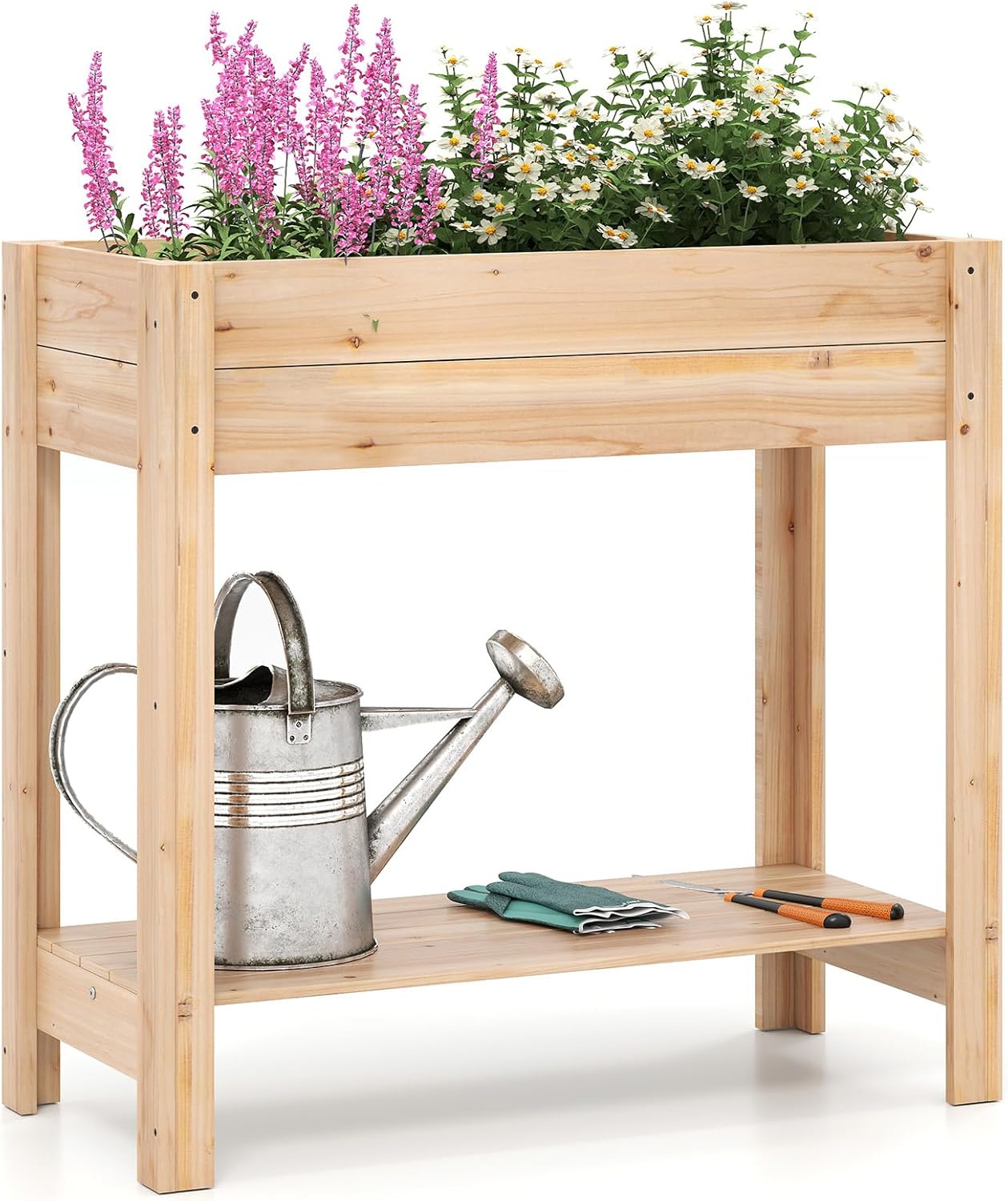 Podwyższone Drewniane Skrzynki Ogrodowe, Kwadratowe Skrzynki Warzywne z Dolną Półką, Podwyższone Grządki Ogrodowe, Podstawa z Listew, Farba DIY