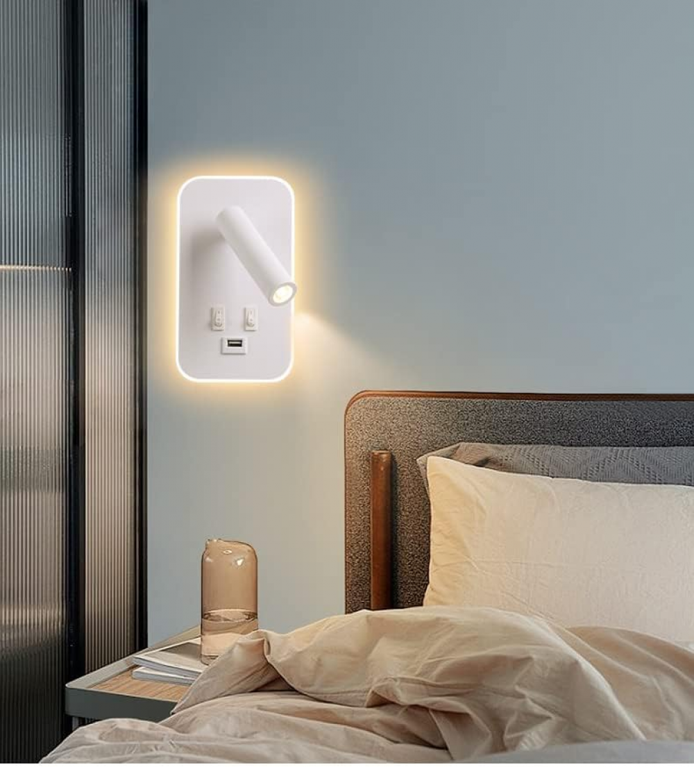 Biała lampa ścienna LED – lampka nocna do czytania z włącznikiem – port ładowania USB – ciepłe światło – regulowany reflektor tworzący nastrój w sypia - 7
