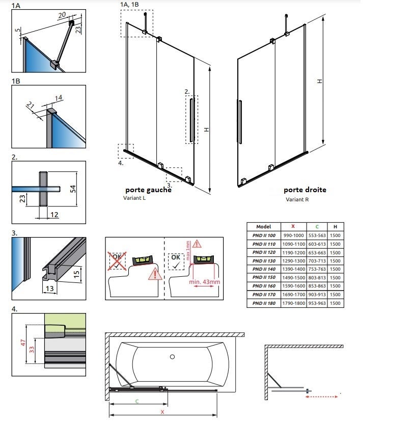 Pare baignoire coulissant droite largeur 150 cm couleur doré FURO GOLD PND II verre 8mm - 4