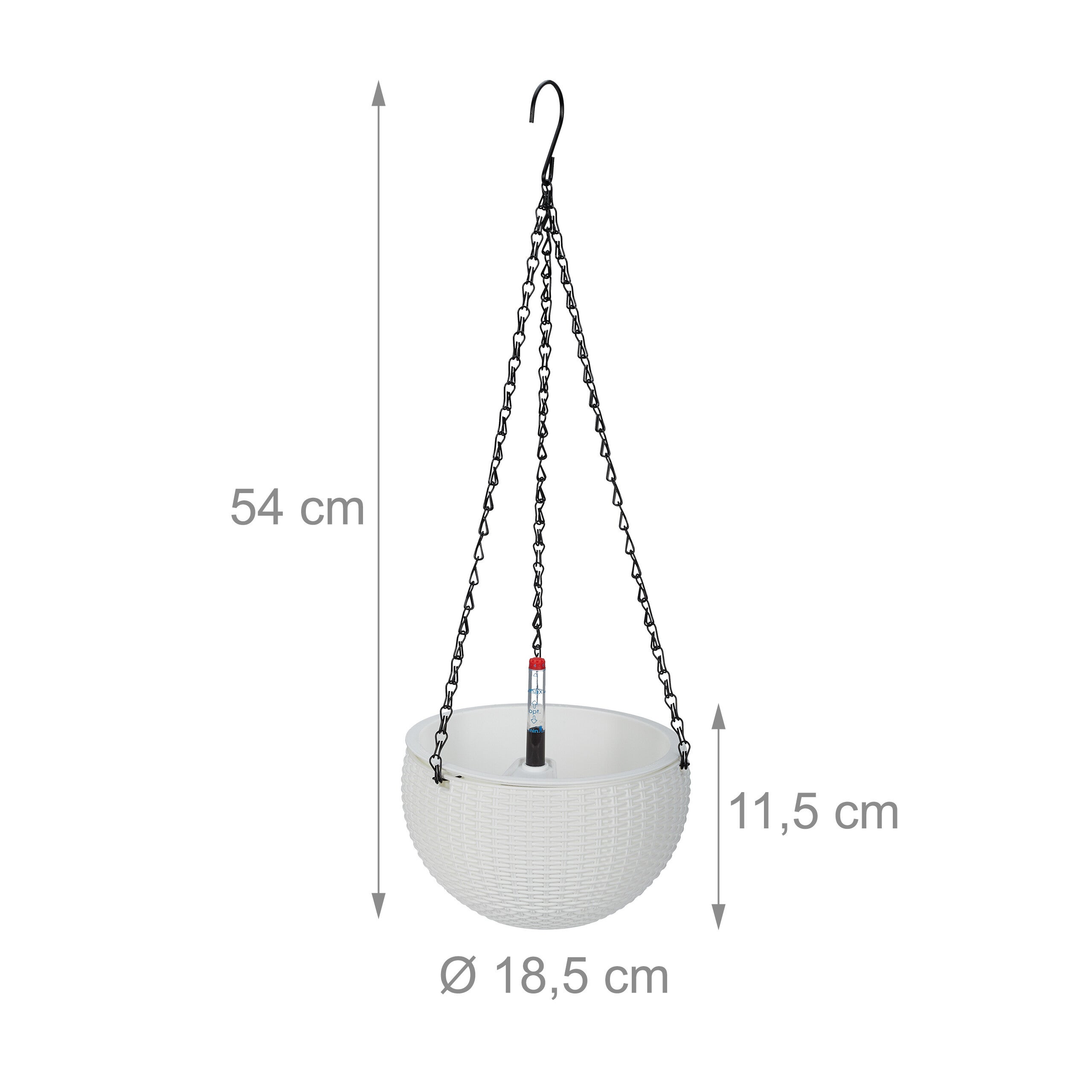 Pot de fleurs suspendu, lot de 2, trou de drainage, indicateur niveau d'eau, aspect tressé, 54x18,5 cm, blanc, Relaxdays - 4