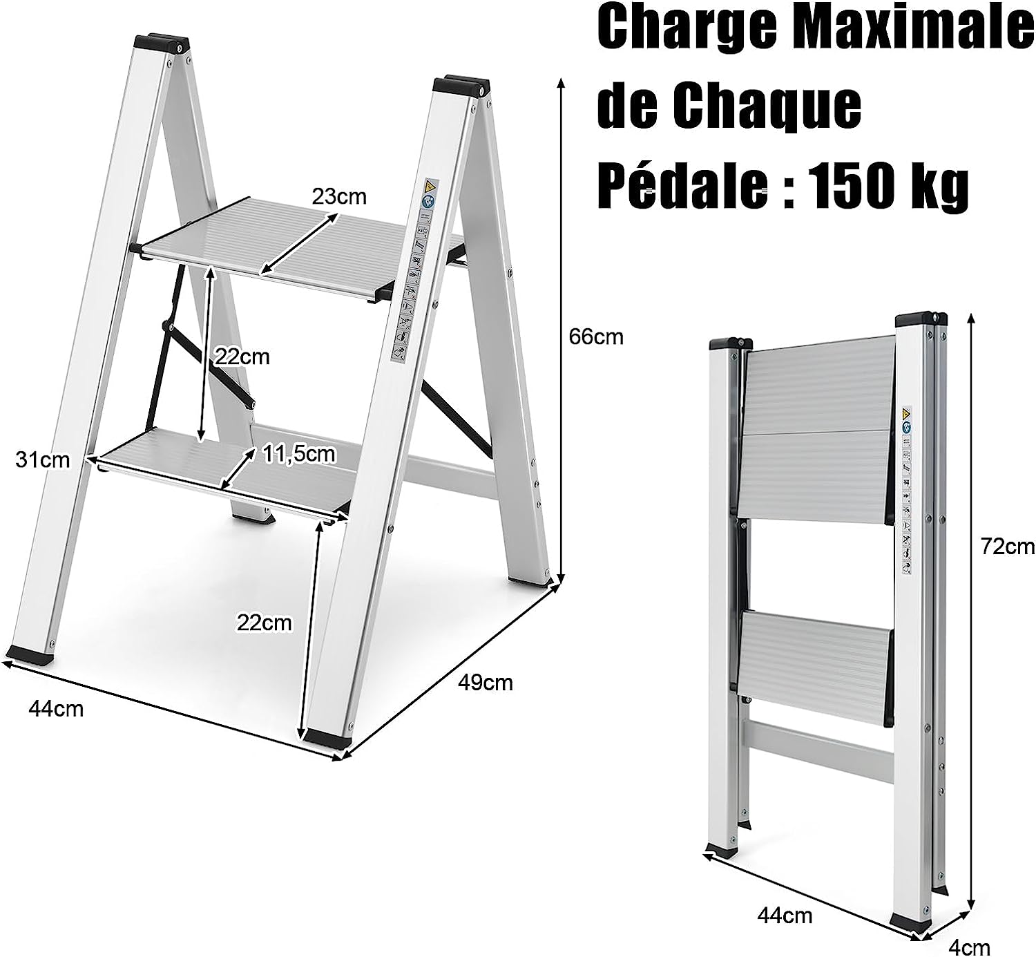 Marchepied Pliable 2 Marches en Aluminium, Charge 150KG (49 x 44 x 66 cm) - 5