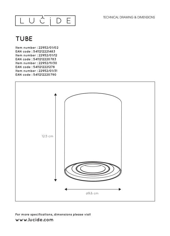 Spot plafond TUBE - Blanc - 1xGU10 - Lucide - 4