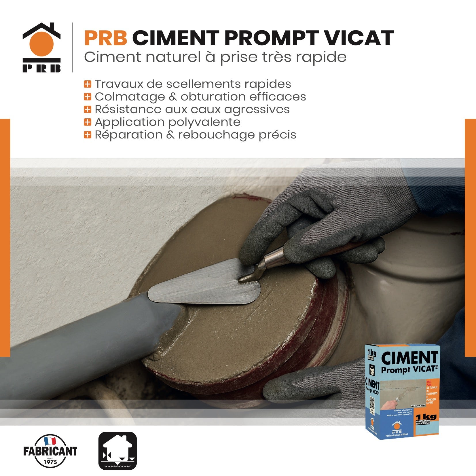 Ciment Prompt Naturel Vicat 1kg - Prise Ultra-Rapide, Haute Résistance Initiale - Idéal pour Réparations Express, Maçonnerie, Travaux de Construction - 3